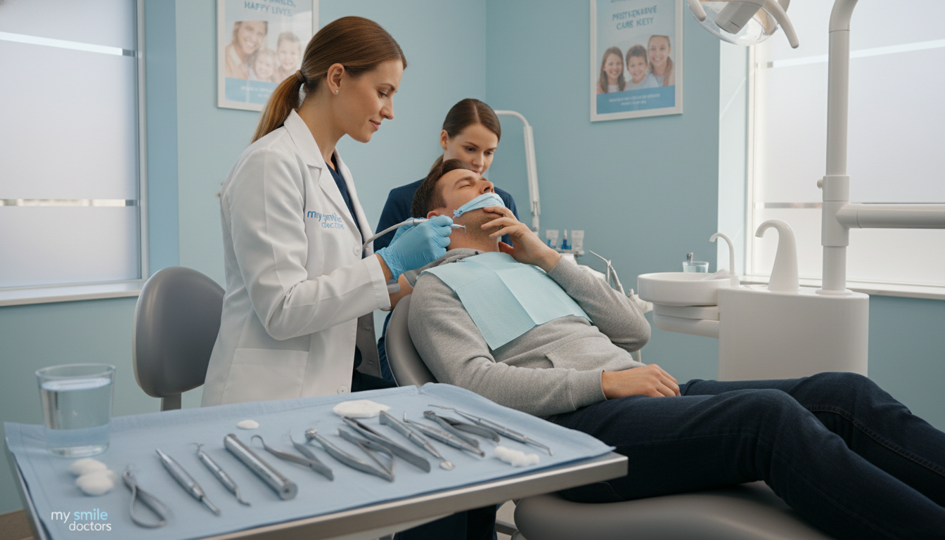 A dental emergency scene set in a modern, well-lit dental clinic. In the foreground, a concerned patient, wearing casual yet modest clothing, is receiving urgent care from a professional dentist in a white coat, showcasing empathy and attentiveness. In the middle ground, dental tools and equipment are neatly arranged on a clean counter, hinting at the immediate response required. The background features calming blue walls with motivational dental health posters, creating a reassuring atmosphere. Soft, natural lighting filters in through large windows, reflecting a sense of urgency yet comfort. The brand name "my smile doctors" is subtly included in a logo on the dental tools without overshadowing the scene's focus. The overall mood conveys urgency and professionalism in dental care.