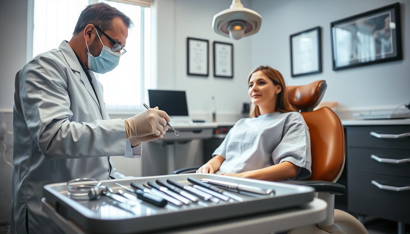 A dental office scene depicting the process of a tooth removal, focusing on a calm and professional atmosphere. In the foreground, a dentist in a white coat, wearing gloves and a mask, is gently extracting a tooth from a patient sitting in a dental chair. The patient appears relaxed and is wearing a modest, light-colored hospital gown. In the middle ground, dental tools are neatly arranged on a tray, while soft lighting highlights the sterile environment. The background shows a well-organized dental office with framed certificates and a window allowing natural light to filter in, creating a soothing ambiance. The overall mood should convey confidence, care, and professionalism, emphasizing the safety and expertise involved in emergency dental extractions. A dental office scene depicting the process of a tooth removal, focusing on a calm and professional atmosphere. In the foreground, a dentist in a white coat, wearing gloves and a mask, is gently extracting a tooth from a patient sitting in a dental chair. The patient appears relaxed and is wearing a modest, light-colored hospital gown. In the middle ground, dental tools are neatly arranged on a tray, while soft lighting highlights the sterile environment. The background shows a well-organized dental office with framed certificates and a window allowing natural light to filter in, creating a soothing ambiance. The overall mood should convey confidence, care, and professionalism, emphasizing the safety and expertise involved in emergency dental extractions.