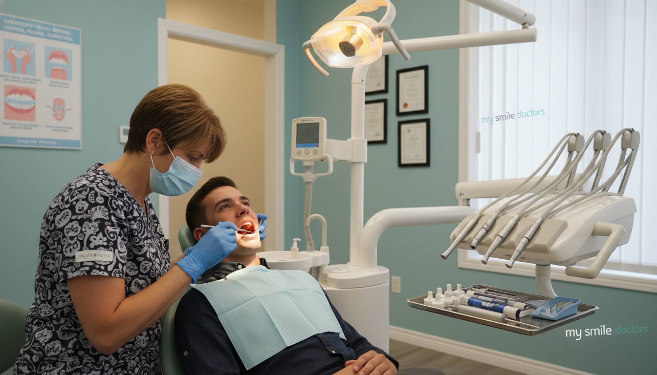 A dentist's office interior focused on emergency dental fillings and repairs. In the foreground, an experienced dentist, dressed in professional attire with a mask and gloves, is carefully examining a patient’s tooth. The midground features a dental chair with specialized instruments such as dental drills, filling materials, and x-ray equipment neatly arranged on a nearby tray. The background shows a bright, welcoming dental clinic with calming colors, posters of dental health advice, and certificates on the walls. Soft, warm lighting creates a reassuring atmosphere, reflecting a sense of urgency yet professionalism. The branding "my smile doctors" is subtly integrated into the decor without being overt or distracting. The overall mood is attentive and reassuring, ideal for an emergency dental situation.