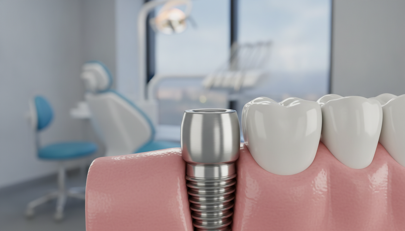 A detailed close-up view of a dental implant embedded in a realistic gum structure, showcasing its intricate design and surrounding teeth. The foreground highlights the titanium implant and crown, emphasizing the texture and sheen of the metal. In the middle ground, realistic gum tissue provides a contrasting soft texture, with healthy teeth surrounding the implant. The background features a softly blurred dental clinic, with light hues of blue and white, enhancing the clinical yet welcoming atmosphere. Soft, natural lighting illuminates the scene, creating gentle shadows that add depth and dimension. The overall mood conveys professionalism and care, ideal for educating potential dental implant candidates. A detailed close-up view of a dental implant embedded in a realistic gum structure, showcasing its intricate design and surrounding teeth. The foreground highlights the titanium implant and crown, emphasizing the texture and sheen of the metal. In the middle ground, realistic gum tissue provides a contrasting soft texture, with healthy teeth surrounding the implant. The background features a softly blurred dental clinic, with light hues of blue and white, enhancing the clinical yet welcoming atmosphere. Soft, natural lighting illuminates the scene, creating gentle shadows that add depth and dimension. The overall mood conveys professionalism and care, ideal for educating potential dental implant candidates.