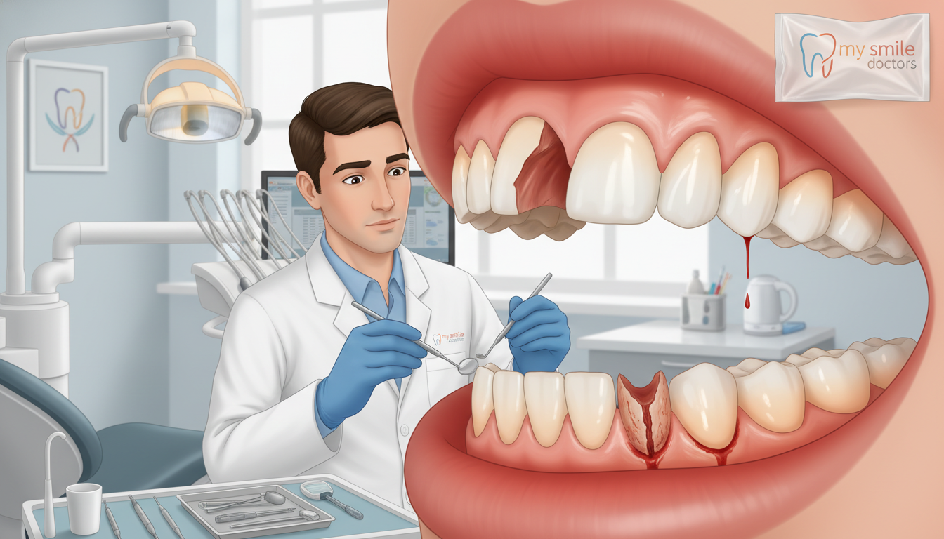 A detailed illustration of common types of traumatic dental injuries. Foreground: close-up of a human mouth with various dental injuries, showing a chipped tooth, a knocked-out tooth, and gum lacerations, all depicted in a clinical and educational manner. Middle ground: a dental professional in a white coat and gloves, examining the mouth with dental tools, focusing on the injuries, conveying expertise and care. Background: a well-lit dental clinic setting with tools and equipment visible, providing context. Soft, natural lighting enhances the clinical atmosphere, creating a serious but reassuring mood. Shot with a slight angle to emphasize the dental injuries. The brand "my smile doctors" subtly represented in the clinic decor, ensuring a professional and informative vibe without any text overlays.
