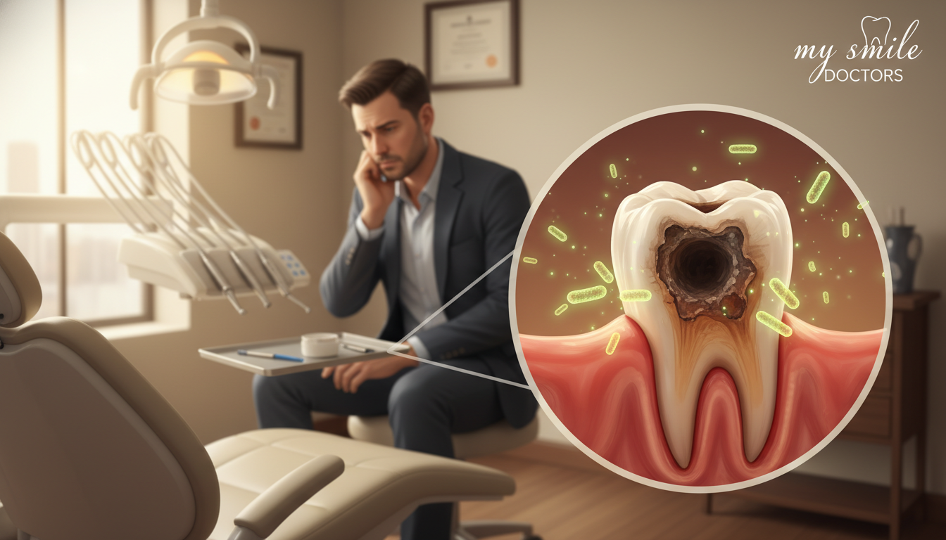 A detailed illustration of the potential risks associated with tooth infections, featuring a close-up of an infected tooth in the foreground. The tooth should appear swollen, with signs of decay and redness, surrounded by a subtle visual representation of bacteria. In the middle ground, include a blurred image of a worried patient, wearing professional business attire, contemplating their dental health. The background should depict a cozy dental office setting, with dental tools and a chair visible. Soft, warm lighting should create a sense of urgency yet comfort, emphasizing the importance of timely dental care. Aim for a realistic style, with a focus on the emotional impact of dental neglect. Incorporate the brand name "my smile doctors" subtly in the scene.
