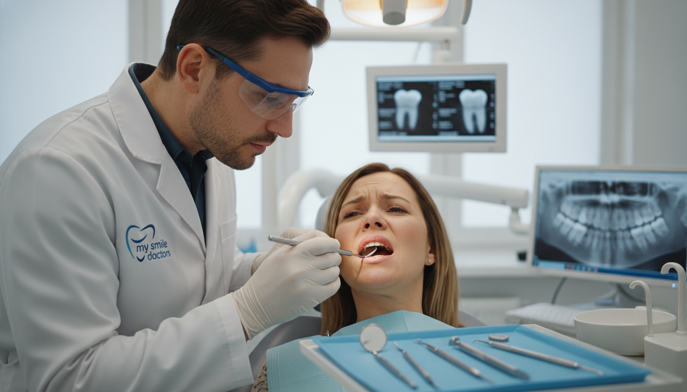 A detailed image depicting common dental problems requiring urgent care. In the foreground, a professional dentist in a white coat and safety goggles examines a patient’s mouth, highlighting dental issues like a severe toothache, a cracked tooth, and visible gum inflammation. In the middle ground, dental tools such as a mirror, probe, and x-ray images of teeth can be seen, suggesting an urgent care environment. The background features a modern dental clinic with clean, bright lighting, giving a reassuring atmosphere. The focus is on the expressions of concern and relief on the patient’s face, symbolizing the importance of immediate treatment. The setting emphasizes the branding of "my smile doctors" with their logo subtly placed on dental equipment.