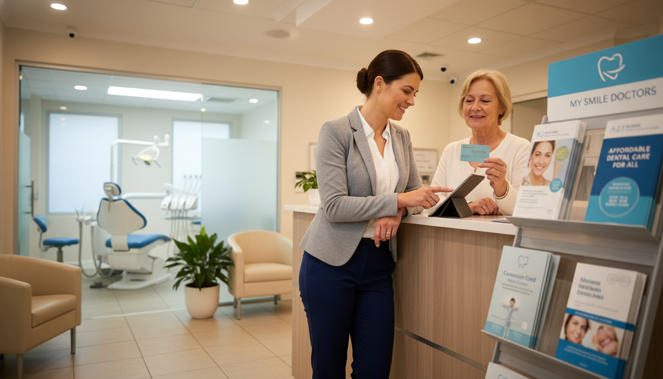 A detailed scene representing "concession card access" in a dental clinic environment. In the foreground, a focused healthcare professional, dressed in smart business attire, is assisting a patient holding a concession card, highlighting accessibility and support. In the middle ground, a welcoming reception area with bright, warm lighting, showcasing a subtle display of various dental brochures, including information about "my smile doctors." In the background, a soft-focus view of a dental chair and equipment suggests a clean, modern clinic. The atmosphere feels reassuring and professional, emphasizing a sense of trust and care for concession card holders. Capture the scene with a slight upward angle to convey a feeling of hope and optimism, ensuring the lighting is soft and inviting.