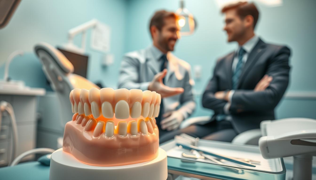 A detailed view of a dental consultation room in a modern clinic, focusing on a dental chair and a bright, clean environment. In the foreground, a dental model showcases impacted wisdom teeth, with clear anatomical details and soft lighting illuminating the model’s textures. In the middle ground, a dental professional in neat business attire gestures towards the model, engaging with a patient who appears attentive and curious. The background features dental tools neatly arranged on a tray and a soft blue-green color scheme that evokes a calm atmosphere. The lighting is warm and inviting, creating a reassuring mood, while the overall angle captures the interaction between the dentist and patient from a slightly elevated perspective to emphasize the discussion of costs and care. A detailed view of a dental consultation room in a modern clinic, focusing on a dental chair and a bright, clean environment. In the foreground, a dental model showcases impacted wisdom teeth, with clear anatomical details and soft lighting illuminating the model’s textures. In the middle ground, a dental professional in neat business attire gestures towards the model, engaging with a patient who appears attentive and curious. The background features dental tools neatly arranged on a tray and a soft blue-green color scheme that evokes a calm atmosphere. The lighting is warm and inviting, creating a reassuring mood, while the overall angle captures the interaction between the dentist and patient from a slightly elevated perspective to emphasize the discussion of costs and care.