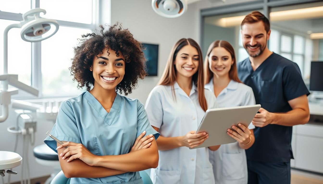 A friendly and professional dental team based in Parramatta, featuring four diverse dentists and dental assistants in a modern dental clinic. In the foreground, a female dentist with curly hair, wearing a light blue scrubs, smiles warmly at the camera while holding a dental tool. Beside her, a male dentist in dark scrubs is explaining something on a digital tablet to a dental assistant with straight hair, both showing friendly expressions. In the background, bright and clean dental equipment is neatly arranged, with soft natural light streaming through large windows, creating an inviting atmosphere. The overall mood feels welcoming and reassuring, emphasizing care and professionalism in dental services. The image showcases teamwork and a commitment to patient well-being. A friendly and professional dental team based in Parramatta, featuring four diverse dentists and dental assistants in a modern dental clinic. In the foreground, a female dentist with curly hair, wearing a light blue scrubs, smiles warmly at the camera while holding a dental tool. Beside her, a male dentist in dark scrubs is explaining something on a digital tablet to a dental assistant with straight hair, both showing friendly expressions. In the background, bright and clean dental equipment is neatly arranged, with soft natural light streaming through large windows, creating an inviting atmosphere. The overall mood feels welcoming and reassuring, emphasizing care and professionalism in dental services. The image showcases teamwork and a commitment to patient well-being.