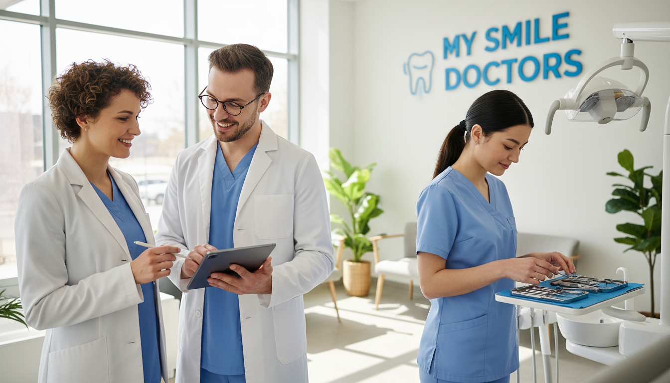 A friendly local dental team gathered in a modern clinic, showcasing professionalism and warmth. In the foreground, two dentists in professional attire, one female with short curly hair and the other male with glasses, both wearing white coats, are smiling and discussing treatment plans. In the middle, a dental hygienist with long dark hair in a ponytail, dressed in scrubs, is preparing dental tools, exuding a sense of readiness and care. The background features a clean, bright dental office with soft, natural lighting streaming in through large windows, illuminating charts and a cozy waiting area. The atmosphere is inviting and trustworthy, emphasizing the reliable service of "my smile doctors."