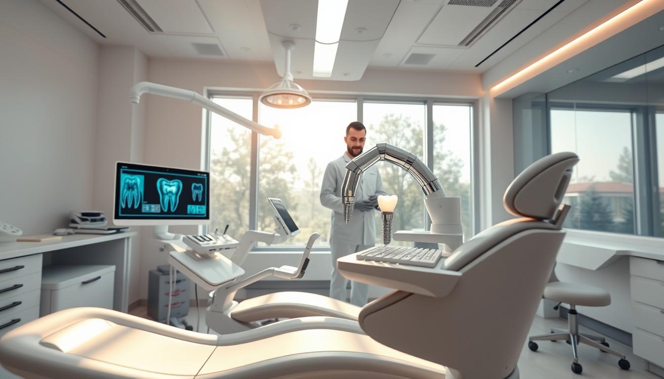 A futuristic dental clinic interior showcasing advanced technology dental implants. In the foreground, an ultra-modern dental chair with ergonomic design, equipped with cutting-edge tools and a digital screen displaying 3D dental imaging. In the middle ground, a highly skilled dentist in professional attire interacts with a sleek, robotic arm that delicately handles an advanced dental implant. The background features large windows allowing natural light to flood the space, creating a warm and welcoming atmosphere. Soft, neutral colors on the walls and furnishings enhance the sense of comfort and cleanliness. The setting conveys innovation and patient-centric care, inviting a sense of trust and safety. Utilize soft, diffused lighting to evoke a calm, serene mood, and use a wide-angle lens for depth. A futuristic dental clinic interior showcasing advanced technology dental implants. In the foreground, an ultra-modern dental chair with ergonomic design, equipped with cutting-edge tools and a digital screen displaying 3D dental imaging. In the middle ground, a highly skilled dentist in professional attire interacts with a sleek, robotic arm that delicately handles an advanced dental implant. The background features large windows allowing natural light to flood the space, creating a warm and welcoming atmosphere. Soft, neutral colors on the walls and furnishings enhance the sense of comfort and cleanliness. The setting conveys innovation and patient-centric care, inviting a sense of trust and safety. Utilize soft, diffused lighting to evoke a calm, serene mood, and use a wide-angle lens for depth.