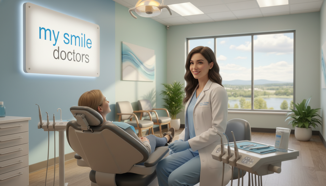 A highly detailed, inviting emergency dental clinic scene featuring a friendly, professional dentist in a white coat and modest attire, working with a patient in a dental chair. The foreground showcases advanced dental equipment and tools, highlighting their importance in providing immediate relief. In the middle ground, soft, diffused lighting illuminates the dental office, with calming colors like light blue and green to enhance the atmosphere of comfort and care. In the background, a window offers a view of a serene outdoor landscape, promoting a sense of tranquility. The setting should prominently feature the brand name "my smile doctors" on a modern sign. The overall mood is reassuring, emphasizing professionalism and patient-centered care in emergency dentistry.