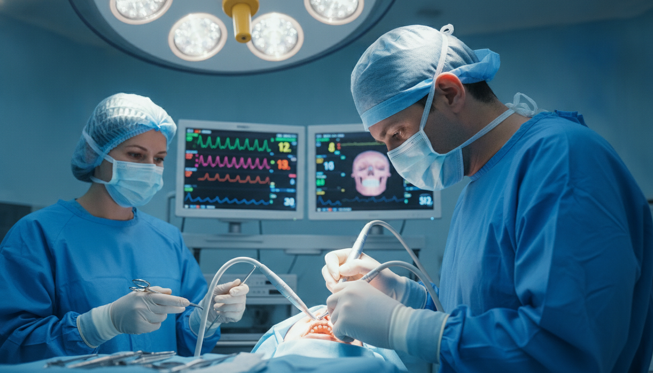 A highly detailed operating room scene focused on advanced oral maxillofacial procedures. In the foreground, a skilled oral surgeon in professional scrubs, wearing a surgical mask and gloves, carefully performs an intricate surgery on a patient's jaw, showcasing advanced dental tools and equipment. The middle ground features a surgical assistant assisting with instruments, both concentrating intently on the procedure. The background includes medical monitors displaying vital signs and anatomical diagrams, with bright overhead surgical lights illuminating the sterile environment. The atmosphere is calm and professional, conveying a sense of trust and expertise, with a soft-focus effect to emphasize the surgical action in the foreground. The lighting is bright and clinical, creating a clean and safe ambiance. A highly detailed operating room scene focused on advanced oral maxillofacial procedures. In the foreground, a skilled oral surgeon in professional scrubs, wearing a surgical mask and gloves, carefully performs an intricate surgery on a patient's jaw, showcasing advanced dental tools and equipment. The middle ground features a surgical assistant assisting with instruments, both concentrating intently on the procedure. The background includes medical monitors displaying vital signs and anatomical diagrams, with bright overhead surgical lights illuminating the sterile environment. The atmosphere is calm and professional, conveying a sense of trust and expertise, with a soft-focus effect to emphasize the surgical action in the foreground. The lighting is bright and clinical, creating a clean and safe ambiance.