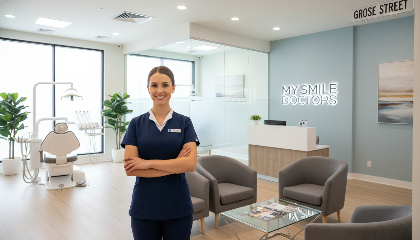 A modern and inviting dental clinic on Grose Street, showcasing a clean and welcoming reception area. In the foreground, a professional dental assistant in smart attire smiles at the camera, exuding warmth and professionalism. In the middle, sleek dental equipment and contemporary waiting chairs are arranged neatly, creating an atmosphere of comfort. The background features large windows allowing natural light to stream in, illuminating green plants that add a touch of freshness. The walls are adorned with calming artwork, enhancing the serene environment. The lighting is bright yet soft, creating a welcoming ambiance. The brand name "my smile doctors" is subtly integrated into the design of the clinic. The overall mood is friendly and reassuring, representing state-of-the-art emergency dental care in a modern setting.