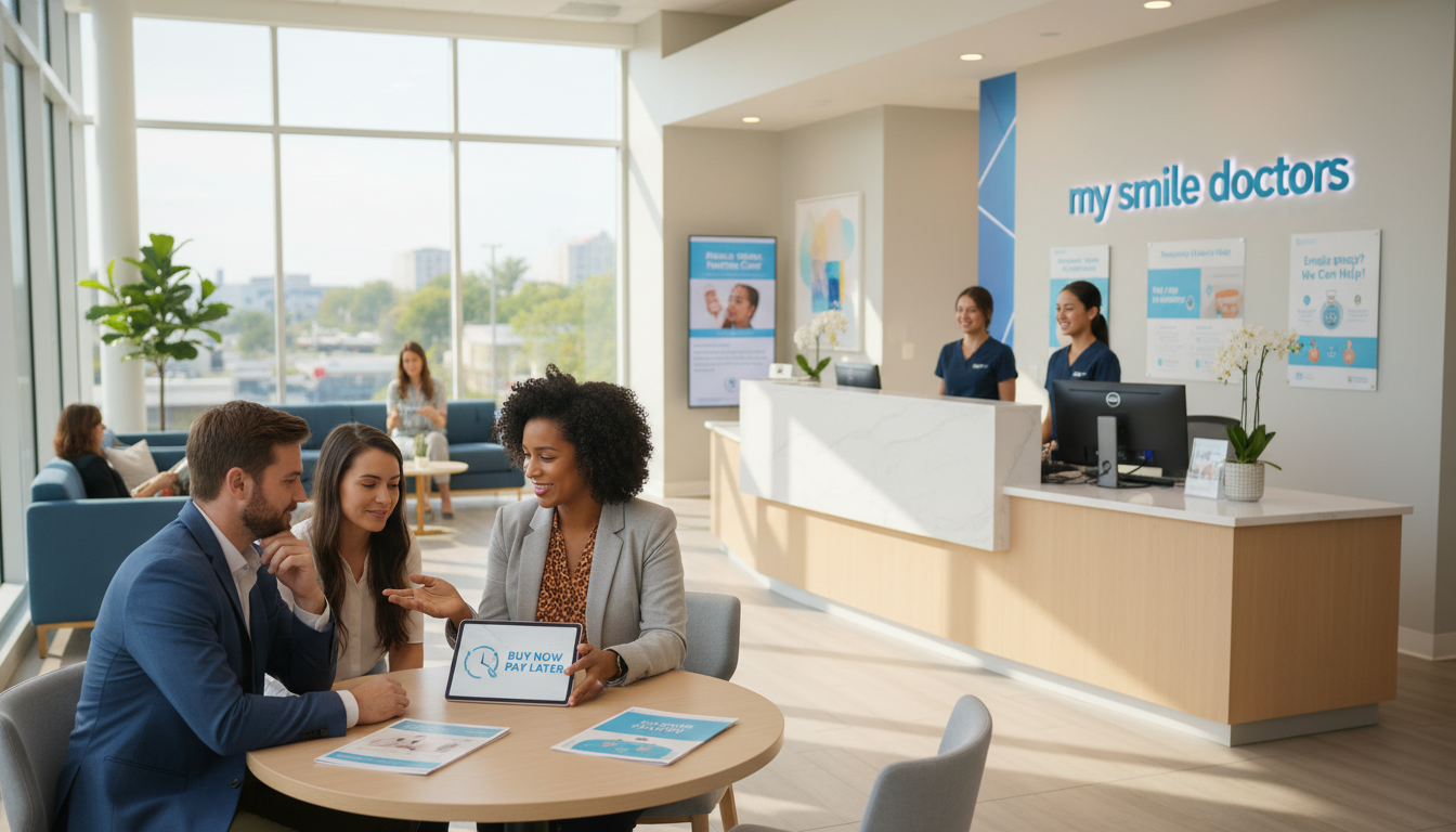 A modern and inviting dental office scene, featuring a diverse group of professional-looking individuals discussing financial options for dental care. In the foreground, a friendly dental consultant, dressed in smart casual attire, explains the "Buy Now Pay Later" service to a couple, who appear relieved and optimistic. The middle ground includes a sleek reception desk with the brand name "my smile doctors" prominently displayed, along with promotional materials about affordable financing options. In the background, bright, natural lighting pours in from large windows, creating a warm and welcoming atmosphere. The overall mood is one of hope and accessibility, emphasizing the dental financing solution for emergency care while maintaining a professional and inviting environment.