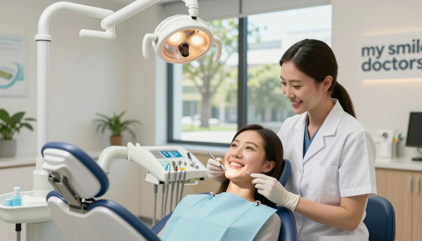A modern cosmetic dentistry office representing "my smile doctors" in Parramatta. In the foreground, a smiling patient, a young Asian woman, is with a friendly dentist dressed in professional attire, showcasing a bright, confident smile while examining her teeth. The middle ground features advanced dental equipment and a dental chair with a gentle overhead light illuminating the scene. In the background, large windows reveal a sunny day outside, creating a warm and welcoming atmosphere. The room is decorated with soothing colors and plant accents, enhancing the idea of comfort and care. The lighting is soft and inviting, capturing a relaxed yet professional mood, suitable for a family-oriented cosmetic dental practice. A modern cosmetic dentistry office representing "my smile doctors" in Parramatta. In the foreground, a smiling patient, a young Asian woman, is with a friendly dentist dressed in professional attire, showcasing a bright, confident smile while examining her teeth. The middle ground features advanced dental equipment and a dental chair with a gentle overhead light illuminating the scene. In the background, large windows reveal a sunny day outside, creating a warm and welcoming atmosphere. The room is decorated with soothing colors and plant accents, enhancing the idea of comfort and care. The lighting is soft and inviting, capturing a relaxed yet professional mood, suitable for a family-oriented cosmetic dental practice.