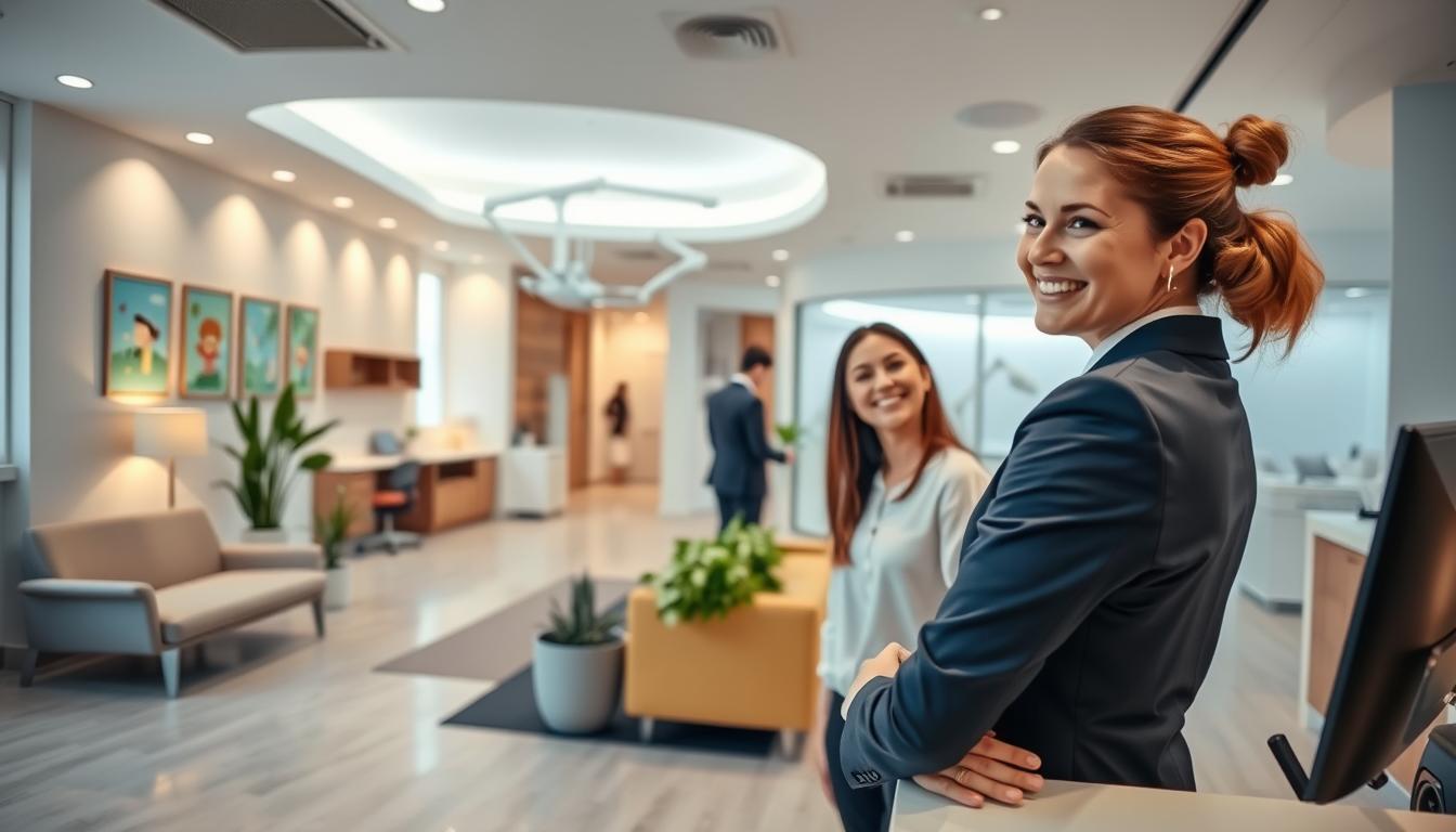 A modern dental centre interior, showcasing a bright and welcoming reception area with sleek furniture and calming decor. In the foreground, a friendly receptionist in professional business attire smiles while assisting a patient. The middle ground features a comfortable waiting area with plush seating, potted plants, and children’s artwork on the walls, evoking a sense of comfort. The background reveals pristine, state-of-the-art dental treatment rooms, equipped with high-tech tools and soothing colors. Soft, warm lighting enhances the inviting atmosphere, while large windows allow natural light to flow in. The angle captures the entire space, emphasizing cleanliness and professionalism, creating a sense of trust and care for patients. A modern dental centre interior, showcasing a bright and welcoming reception area with sleek furniture and calming decor. In the foreground, a friendly receptionist in professional business attire smiles while assisting a patient. The middle ground features a comfortable waiting area with plush seating, potted plants, and children’s artwork on the walls, evoking a sense of comfort. The background reveals pristine, state-of-the-art dental treatment rooms, equipped with high-tech tools and soothing colors. Soft, warm lighting enhances the inviting atmosphere, while large windows allow natural light to flow in. The angle captures the entire space, emphasizing cleanliness and professionalism, creating a sense of trust and care for patients.