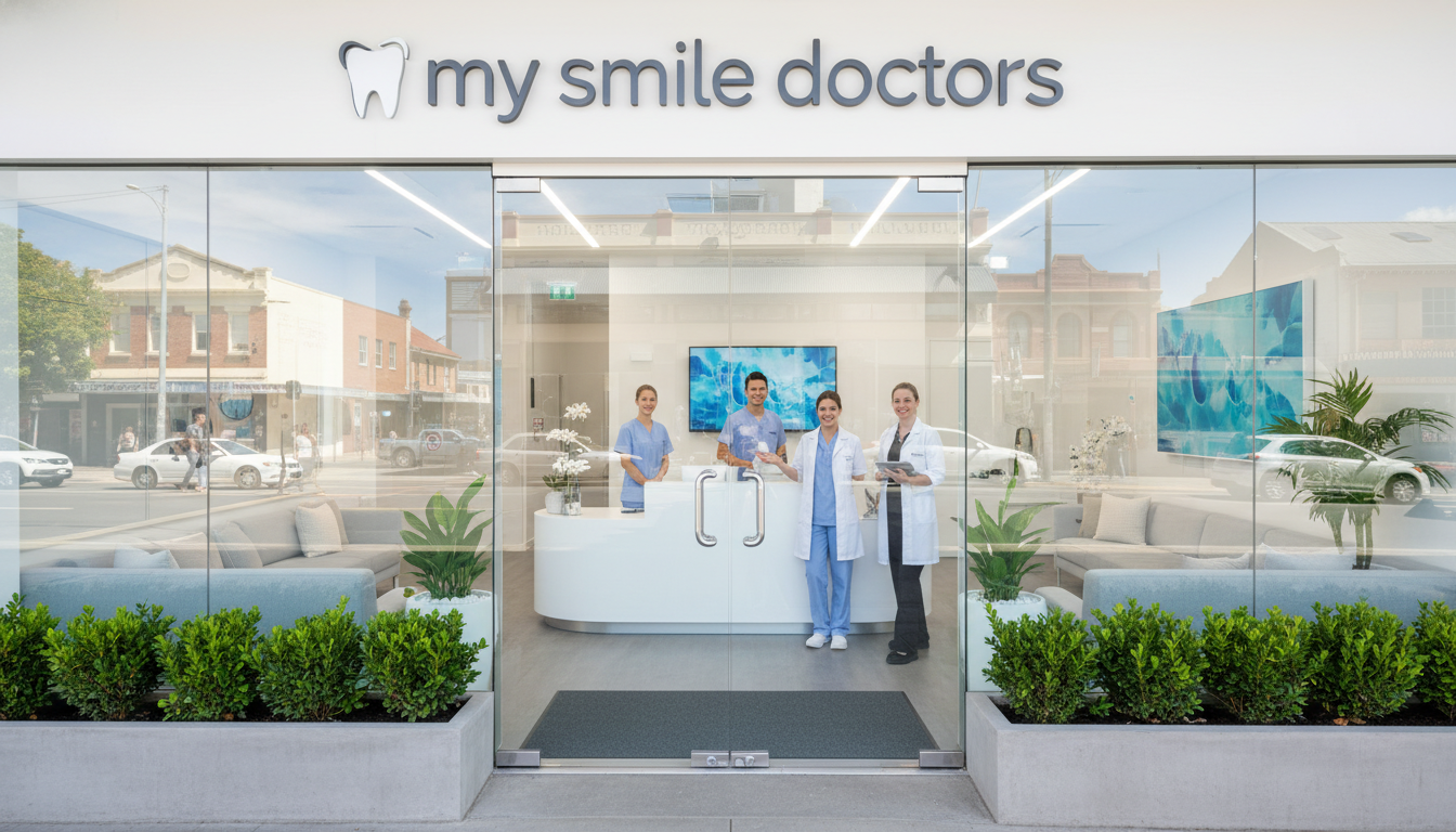 A modern dental clinic exterior in Parramatta, showcasing the entrance of "my smile doctors." The foreground features the clinic's glass doors, flanked by manicured greenery and potted plants, inviting patients in. The middle area displays a clean, well-lit reception area visible through the glass, with dental professionals in professional attire, smiling and welcoming. The background includes the bustling Parramatta street, with subtle hints of local architecture and clear blue sky, suggesting a pleasant day. Use soft, natural lighting to create an inviting atmosphere. The image should have a wide-angle perspective to encompass the clinic's environment while maintaining focus on the welcoming entrance, enhancing the feeling of safety and professionalism.