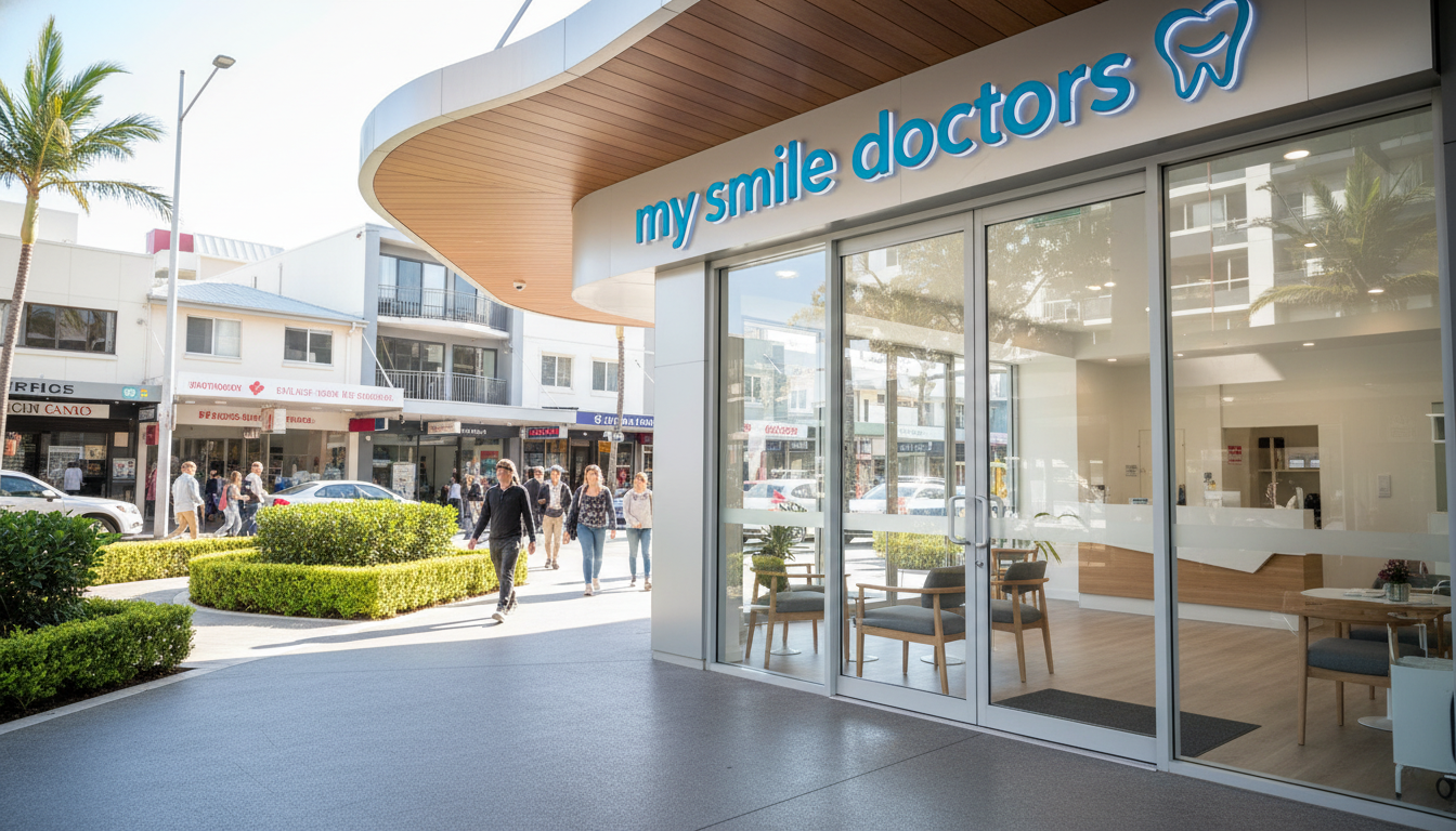 A modern dental clinic exterior in Parramatta, showcasing the sleek and inviting entrance of "my smile doctors". In the foreground, a well-lit entrance featuring glass doors, with a welcoming reception area visible. The middle ground highlights a landscaped garden with manicured bushes and an awning that showcases the clinic's name. The background includes the bustling Parramatta street, with friendly pedestrians walking by and local businesses. Bright, natural lighting floods the scene, creating an atmosphere of warmth and approachability, captured with a slightly tilted angle to give a dynamic perspective. The overall mood should convey professionalism and comfort, making it clear that this is a trusted place for dental care.