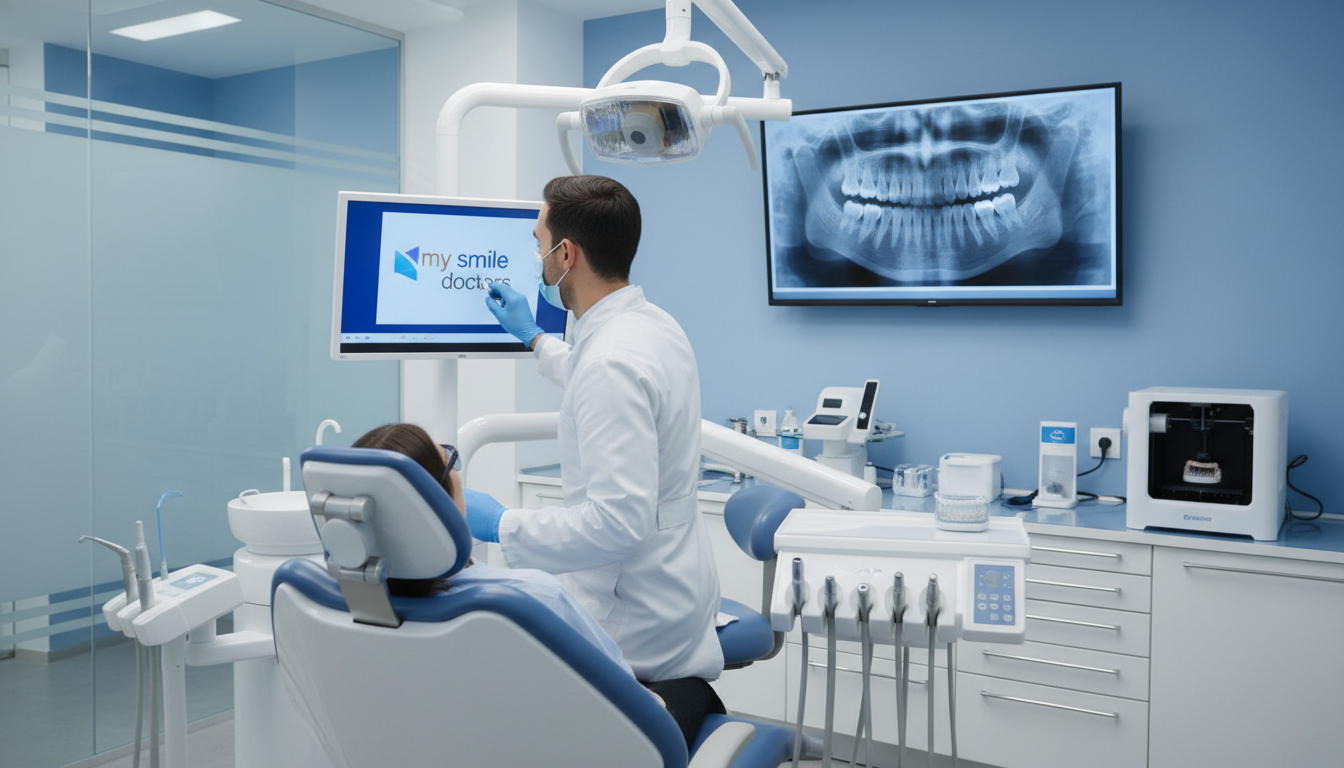 A modern dental clinic featuring advanced technology and diagnostic tools, with an emphasis on cleanliness and professionalism. In the foreground, showcase a sleek dental chair equipped with digital imaging systems and a computer displaying high-resolution dental scans. In the middle ground, incorporate a dental professional in a white coat, wearing gloves and a mask, examining a patient's X-ray on a bright screen. The background should depict a well-organized workspace with additional diagnostic equipment like intraoral cameras and 3D printers. Soft, diffused lighting creates a welcoming atmosphere, while the color palette features calming blues and whites, emphasizing a high-tech, patient-friendly environment. Prominently feature the brand name "my smile doctors" on the digital screen, reflecting modern dental practice standards.