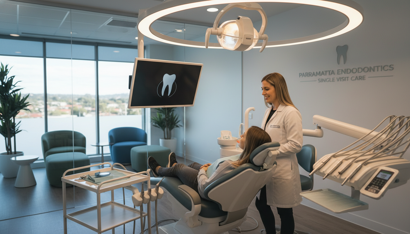 A modern dental clinic in Parramatta, Sydney, showcasing a serene and welcoming environment for a single visit root canal treatment. In the foreground, a highly professional dentist in a crisp white coat interacts with a relaxed patient seated in a high-tech dental chair, both appearing calm and at ease. The middle ground features advanced dental equipment and a soft, ambient light illuminating the scene, creating a warm and anxiety-free atmosphere. The background displays a clean, contemporary waiting area with soothing colors and natural elements like potted plants. Soft focus enhances the mood, emphasizing comfort and reassurance, while a slightly elevated perspective captures the complete setting. A modern dental clinic in Parramatta, Sydney, showcasing a serene and welcoming environment for a single visit root canal treatment. In the foreground, a highly professional dentist in a crisp white coat interacts with a relaxed patient seated in a high-tech dental chair, both appearing calm and at ease. The middle ground features advanced dental equipment and a soft, ambient light illuminating the scene, creating a warm and anxiety-free atmosphere. The background displays a clean, contemporary waiting area with soothing colors and natural elements like potted plants. Soft focus enhances the mood, emphasizing comfort and reassurance, while a slightly elevated perspective captures the complete setting.