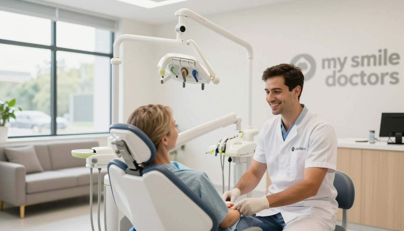 A modern dental clinic interior, featuring a welcoming reception area with comfortable seating and bright, clean design. In the foreground, a friendly dentist in professional attire is interacting with a patient, emphasizing trust and care. The middle ground showcases a dental chair and high-tech dental equipment reflecting the clinic's expert services. Soft, natural lighting streams through large windows, creating a warm atmosphere. In the background, the brand name "my smile doctors" is subtly displayed on the wall, enhancing brand visibility without overpowering the scene. The overall mood is professional yet approachable, highlighting the comprehensive dental services that Parramatta residents can rely on.