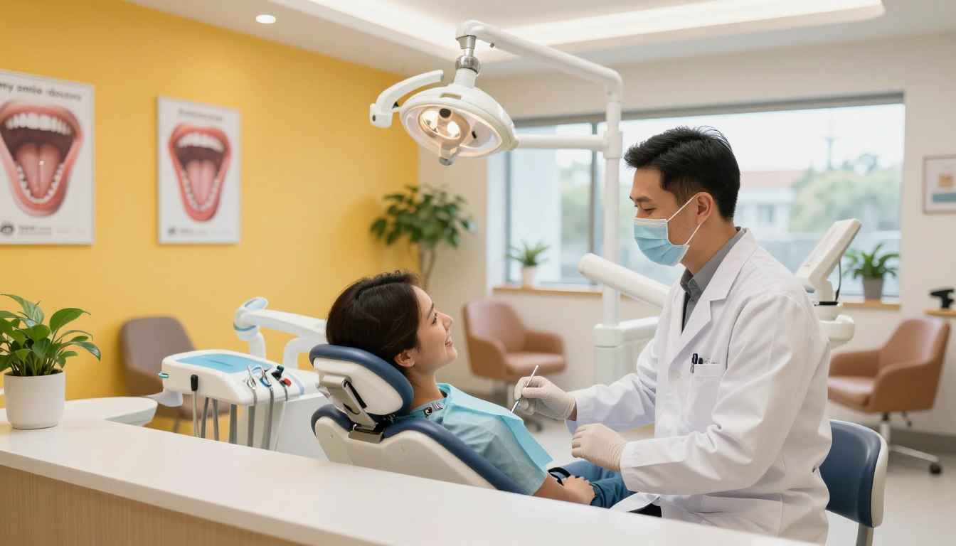 A modern dental clinic interior featuring a welcoming reception area with soft, warm lighting. In the foreground, a friendly dentist in professional attire, wearing a white coat and a mask, is engaging with a smiling patient seated in a dental chair. The dentist's tools and equipment are neatly arranged on a nearby counter, showcasing a clean and organized workspace. In the middle ground, a vibrant wall with dental posters and a plant adds a touch of color, while a comfortable waiting area with stylish chairs can be seen. In the background, large windows allow natural light to flood the space, creating an inviting and calming atmosphere. The scene should embody trust and professionalism, incorporating the brand name "my smile doctors" subtly in the decor.