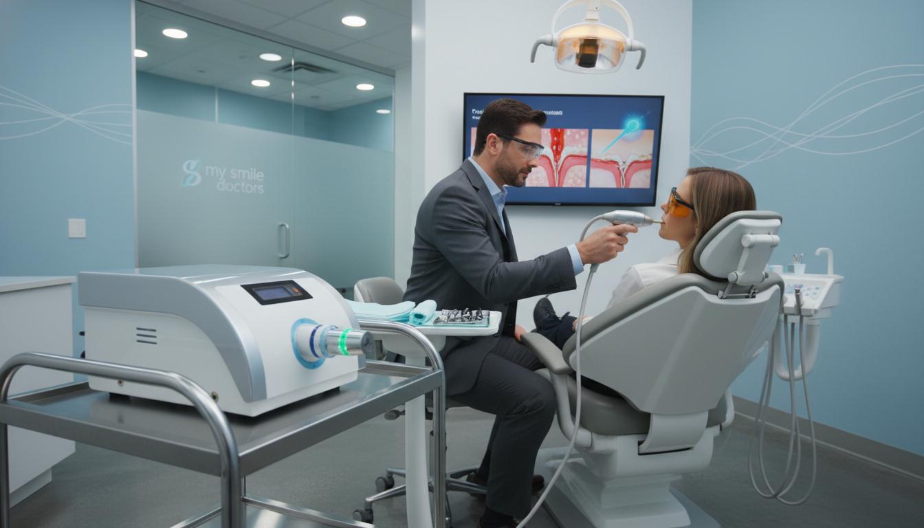 A modern dental clinic interior focusing on laser periodontal therapy for gum disease treatment. In the foreground, a sophisticated dental laser device with a sleek design and glowing light, set on a stainless steel cart. In the middle, a dentist in professional business attire attentively guiding a patient, who is sitting in a reclining dental chair, both wearing protective eyewear. The dentist demonstrates the procedure with precision. The background features bright, clinical lighting illuminating the space, with dental tools and a large monitor displaying dental health graphics prominently visible. The atmosphere is calm and reassuring, conveying a sense of professionalism and advanced technology. Branding for “my smile doctors” subtly integrated into the clinic design elements.