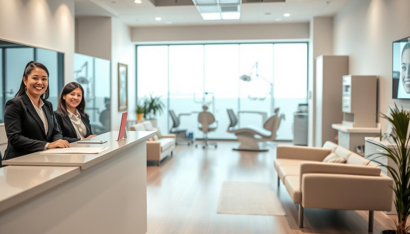 A modern dental clinic interior located on Grose Street, showcasing a clean and inviting atmosphere. In the foreground, a reception desk with friendly, professional staff dressed in business attire, smiling and ready to assist patients. The middle ground features comfortable seating with dental care brochures neatly arranged, along with a large, bright window allowing natural light to flood in. In the background, dental treatment rooms are visible, equipped with state-of-the-art technology and soothing colors. The overall ambiance is calming, with soft lighting creating a welcoming feel. The image should have a slight depth of field effect, focusing on the reception area while gently blurring the treatment rooms, evoking a sense of trust and comfort in dental care. A modern dental clinic interior located on Grose Street, showcasing a clean and inviting atmosphere. In the foreground, a reception desk with friendly, professional staff dressed in business attire, smiling and ready to assist patients. The middle ground features comfortable seating with dental care brochures neatly arranged, along with a large, bright window allowing natural light to flood in. In the background, dental treatment rooms are visible, equipped with state-of-the-art technology and soothing colors. The overall ambiance is calming, with soft lighting creating a welcoming feel. The image should have a slight depth of field effect, focusing on the reception area while gently blurring the treatment rooms, evoking a sense of trust and comfort in dental care.