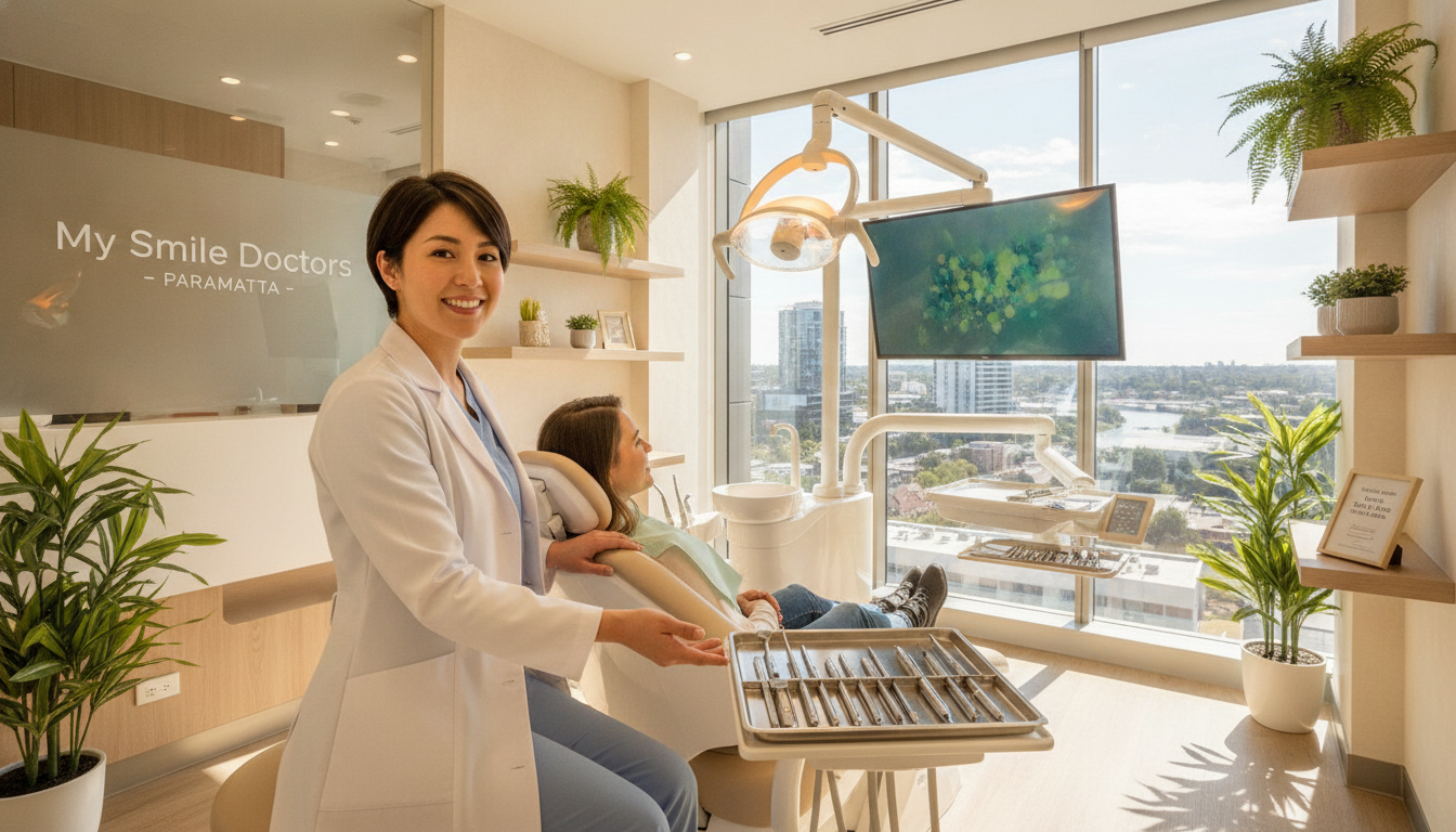 A modern dental clinic interior representing "My Smile Doctors" in Parramatta. In the foreground, a friendly dentist in professional attire, smiling and ready to assist a patient seated in a comfortable dental chair. The dentist has short dark hair and is wearing a white coat. In the middle ground, dental tools neatly arranged on a tray, a bright overhead light illuminating the space, and soothing green plants for a calming effect. The background shows a large window with natural light streaming in, showcasing a city view of Parramatta. The atmosphere is warm and inviting, promoting comfort and care for patients seeking root canal treatment. Bright, warm color tones with soft shadows create a relaxed environment. A modern dental clinic interior representing "My Smile Doctors" in Parramatta. In the foreground, a friendly dentist in professional attire, smiling and ready to assist a patient seated in a comfortable dental chair. The dentist has short dark hair and is wearing a white coat. In the middle ground, dental tools neatly arranged on a tray, a bright overhead light illuminating the space, and soothing green plants for a calming effect. The background shows a large window with natural light streaming in, showcasing a city view of Parramatta. The atmosphere is warm and inviting, promoting comfort and care for patients seeking root canal treatment. Bright, warm color tones with soft shadows create a relaxed environment.