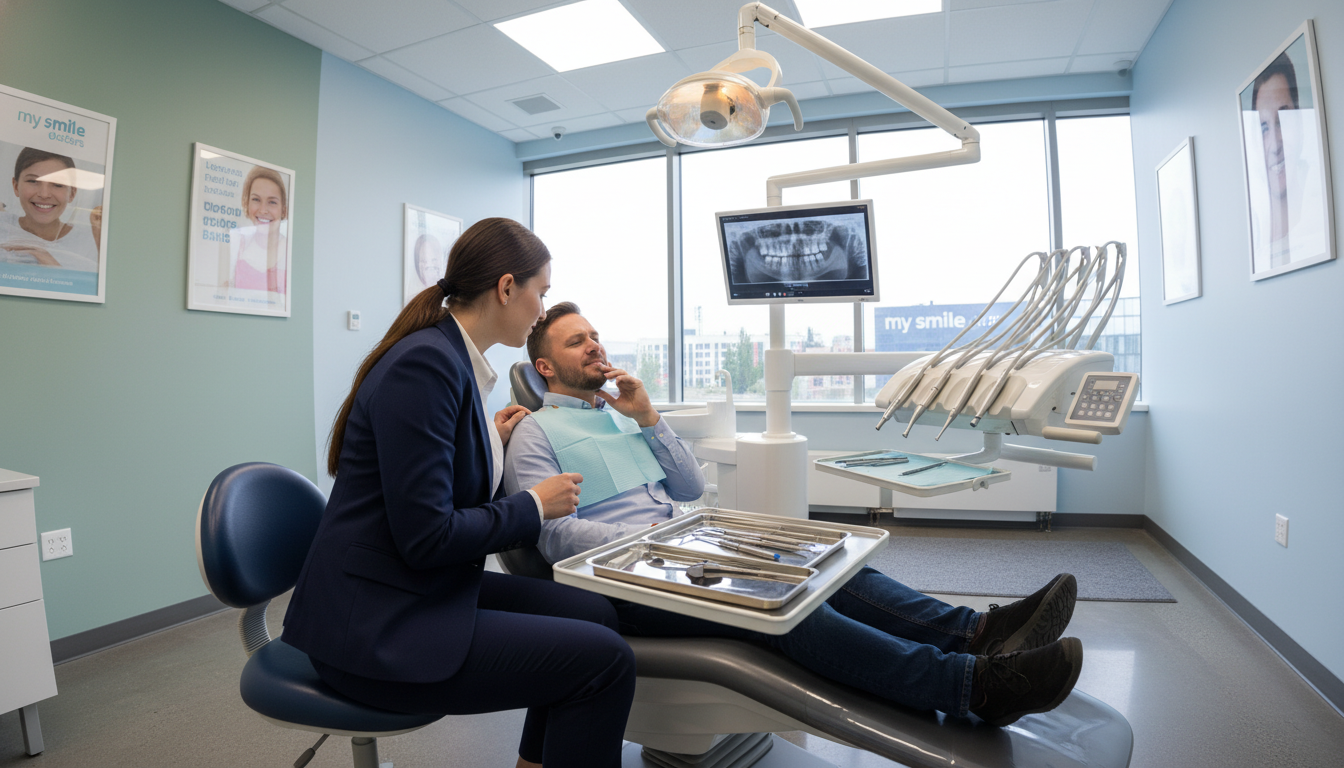 A modern dental clinic interior, showcasing an urgent dental care scene. In the foreground, a professional dentist in smart business attire is examining a patient in a dental chair, displaying concern and care. The middle layer features dental tools neatly organized on a tray, with bright overhead lights creating a sterile atmosphere. The background has a calming color palette with large windows allowing natural light, and posters promoting dental health on the walls. The mood is serious yet reassuring, emphasizing the importance of immediate attention. Subtle branding with "my smile doctors" is integrated into the decor. The scene is captured with a slightly angled lens to enhance depth, ensuring focus on the dentist-patient interaction.