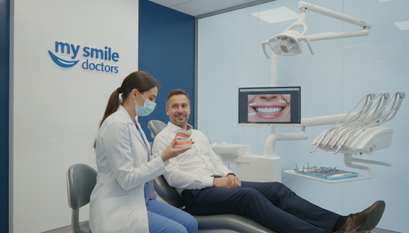 A modern dental clinic interior, showcasing the process of getting dental veneers. In the foreground, a dentist in a white coat and mask, discussing veneer options with a patient sitting comfortably in a dental chair. The patient appears relaxed and engaged, wearing smart casual attire. In the middle ground, an array of dental tools and a computer screen displaying a digital veneer preview. The background features bright, clean lighting that emphasizes the sterile environment, with blue and white decor typical of a high-quality dental practice. The logo "my smile doctors" subtly visible on a wall. The atmosphere conveys professionalism and comfort, capturing the essence of quality dental care. A modern dental clinic interior, showcasing the process of getting dental veneers. In the foreground, a dentist in a white coat and mask, discussing veneer options with a patient sitting comfortably in a dental chair. The patient appears relaxed and engaged, wearing smart casual attire. In the middle ground, an array of dental tools and a computer screen displaying a digital veneer preview. The background features bright, clean lighting that emphasizes the sterile environment, with blue and white decor typical of a high-quality dental practice. The logo "my smile doctors" subtly visible on a wall. The atmosphere conveys professionalism and comfort, capturing the essence of quality dental care.