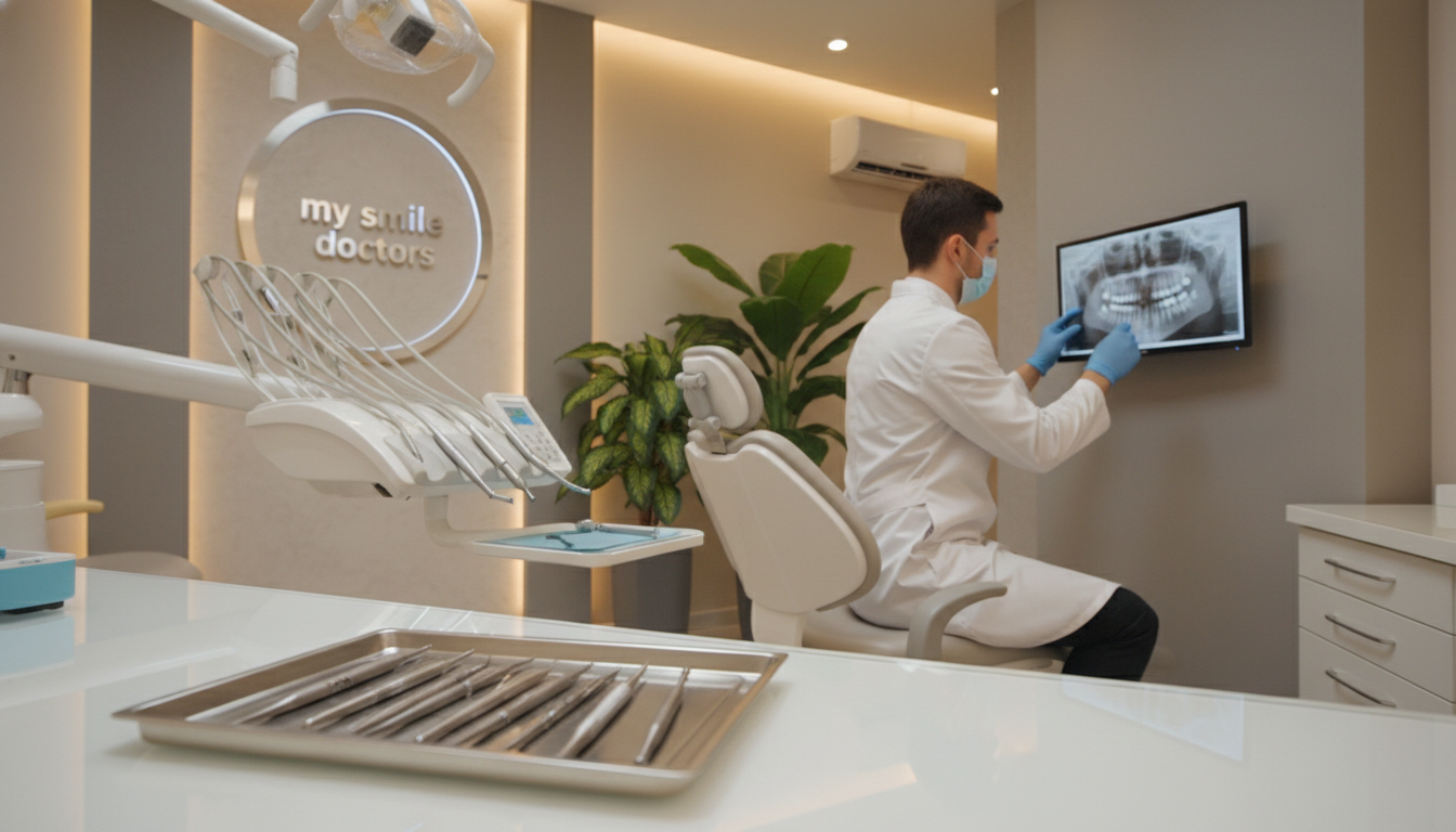 A modern dental clinic interior showcasing the theme of prompt professional care. In the foreground, a well-organized dental workstation featuring high-quality tools and a dental chair, all sparkling clean and ready for use. In the middle ground, a dentist in professional attire—white coat, gloves, and mask—carefully examining a dental X-ray on a transparent screen, conveying focus and expertise. In the background, warm ambient lighting creates a calming atmosphere, with soft, neutral colors on the walls and a soothing plant arrangement. A subtle logo for "my smile doctors" is elegantly displayed on the clinic wall, enhancing the professionalism of the scene. The overall mood conveys trust, urgency, and reliability, inviting patients to seek immediate dental care.