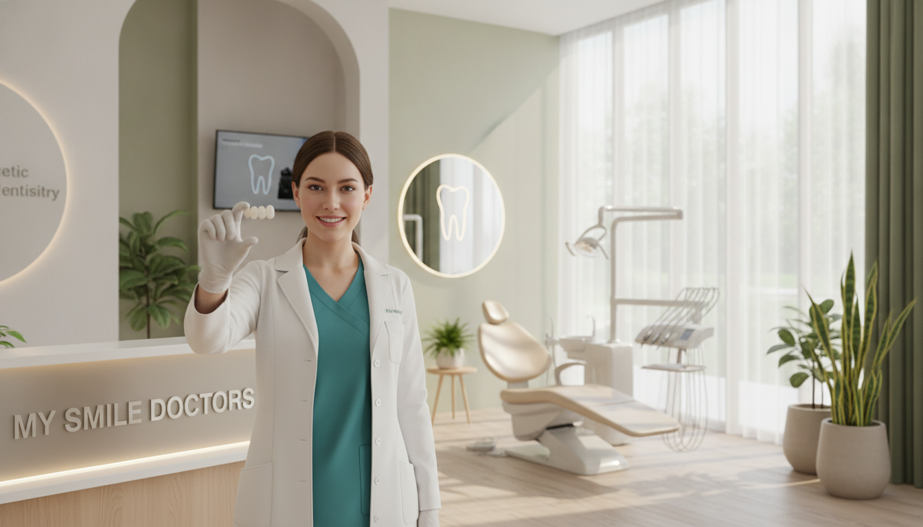 A modern dental clinic reception area featuring a warm and inviting atmosphere. In the foreground, a friendly dental professional in professional attire holds a dental veneer with a smile, gesturing towards the veneer as a symbol of quality care. The middle section showcases a stylish consultation room with soft natural lighting illuminating a relaxed environment, complemented by modern dental equipment and decor. In the background, large windows let in gentle sunlight, creating a serene vibe. Soft green plants are strategically placed to enhance the feeling of comfort. The overall mood conveys trust and professionalism, highlighting "my smile doctors" while emphasizing the focus on cosmetic dentistry and patient care. A modern dental clinic reception area featuring a warm and inviting atmosphere. In the foreground, a friendly dental professional in professional attire holds a dental veneer with a smile, gesturing towards the veneer as a symbol of quality care. The middle section showcases a stylish consultation room with soft natural lighting illuminating a relaxed environment, complemented by modern dental equipment and decor. In the background, large windows let in gentle sunlight, creating a serene vibe. Soft green plants are strategically placed to enhance the feeling of comfort. The overall mood conveys trust and professionalism, highlighting "my smile doctors" while emphasizing the focus on cosmetic dentistry and patient care.