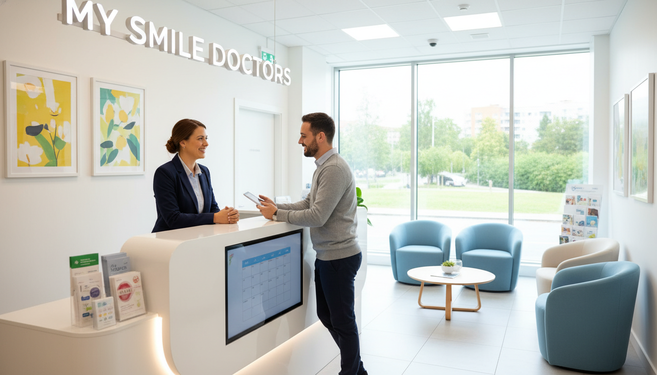 A modern dental clinic reception area, showcasing a clean and inviting atmosphere. In the foreground, a friendly receptionist in professional business attire is seated at a sleek desk, engaged in a conversation with a patient. The middle ground features a comfortable waiting area with plush seating, colorful art on the walls, and brochures about dental care. The background displays large, bright windows allowing natural light to flood the space, creating a warm ambiance. Soft lighting highlights the receptionist's welcoming smile and the professionalism of the setting. The overall mood is one of comfort and care, emphasizing the theme of booking a dental appointment. Incorporate the brand name "my smile doctors" prominently in the reception area.