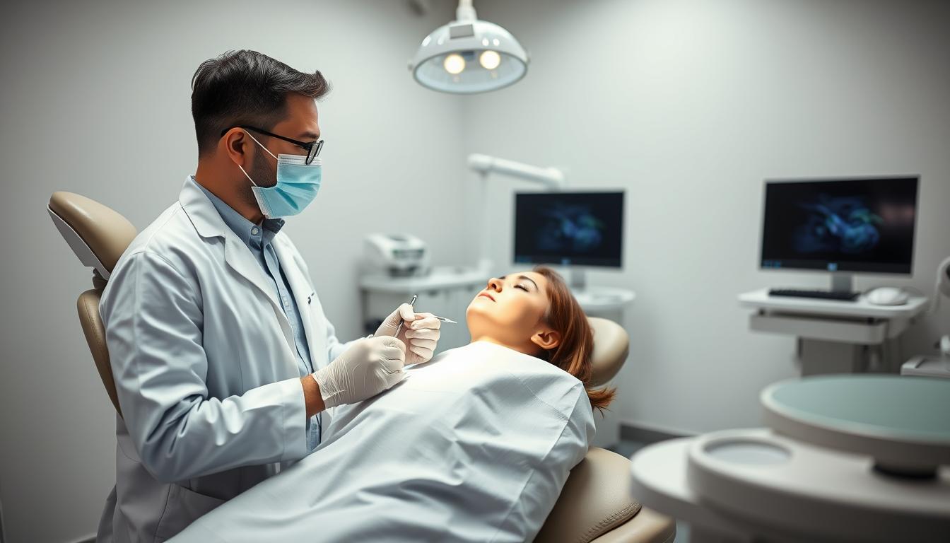 A modern dental clinic room during a painless wisdom tooth extraction procedure, with a patient comfortably reclined in a dental chair, wearing a modest, professional gown. A skilled dentist in a white coat and a surgical mask works attentively, holding dental instruments and ready to perform the extraction. The atmosphere is calm and reassuring, with soft, diffused lighting to create a serene environment. In the background, dental equipment and monitors are visible, creating a sense of professionalism and care. The perspective is a slightly elevated angle, capturing both the dentist's focused expression and the patient’s relaxed demeanor, illustrating a seamless, gentle dental experience in Parramatta. The overall mood is one of comfort and confidence. A modern dental clinic room during a painless wisdom tooth extraction procedure, with a patient comfortably reclined in a dental chair, wearing a modest, professional gown. A skilled dentist in a white coat and a surgical mask works attentively, holding dental instruments and ready to perform the extraction. The atmosphere is calm and reassuring, with soft, diffused lighting to create a serene environment. In the background, dental equipment and monitors are visible, creating a sense of professionalism and care. The perspective is a slightly elevated angle, capturing both the dentist's focused expression and the patient’s relaxed demeanor, illustrating a seamless, gentle dental experience in Parramatta. The overall mood is one of comfort and confidence.