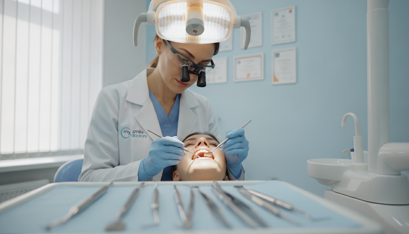 A modern dental clinic scene focusing on a dentist in professional attire working on a patient’s mouth, highlighting chips, fractures, and cracks in teeth. The foreground features a close-up of dental tools and a bright, sterile dental light illuminating the area. In the middle, the dentist gently examines the patient’s teeth with precision tools, showcasing detailed tooth wear and damage. The background includes dental equipment, calming blue and white walls, and framed certificates, all portraying a welcoming clinical atmosphere. Soft, natural lighting creates a serene mood, emphasizing the importance of emergency dental care. The clinic is branded with "my smile doctors" logo subtly displayed. A modern dental clinic scene focusing on a dentist in professional attire working on a patient’s mouth, highlighting chips, fractures, and cracks in teeth. The foreground features a close-up of dental tools and a bright, sterile dental light illuminating the area. In the middle, the dentist gently examines the patient’s teeth with precision tools, showcasing detailed tooth wear and damage. The background includes dental equipment, calming blue and white walls, and framed certificates, all portraying a welcoming clinical atmosphere. Soft, natural lighting creates a serene mood, emphasizing the importance of emergency dental care. The clinic is branded with "my smile doctors" logo subtly displayed.