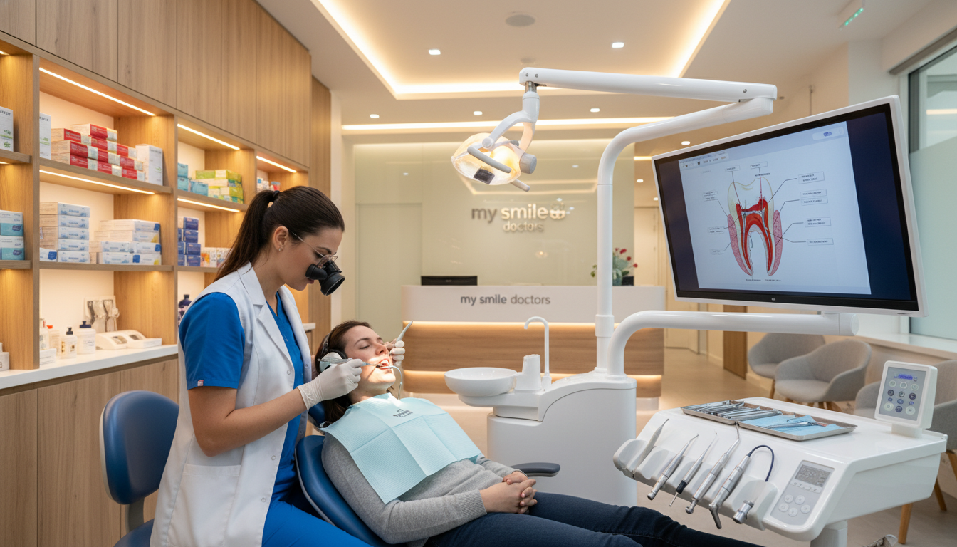 A modern dental clinic scene highlighting root canal therapy in progress. In the foreground, a dentist in professional attire uses precision tools to perform the procedure on a patient, who is comfortably seated in a dental chair. The focus is on the dental equipment, including a magnifying lamp and dental monitor displaying a tooth diagram, emphasizing the technical aspects of the therapy. In the middle, soft lighting creates a calm atmosphere, with light reflections on polished surfaces and organized instruments nearby. In the background, shelves lined with dental supplies and a welcoming reception area are visible, promoting a sense of professionalism and care. The branding "my smile doctors" subtly integrated within the clinic's decor, enhancing the branding. The mood conveys efficiency, expertise, and patient comfort in emergency dental care.