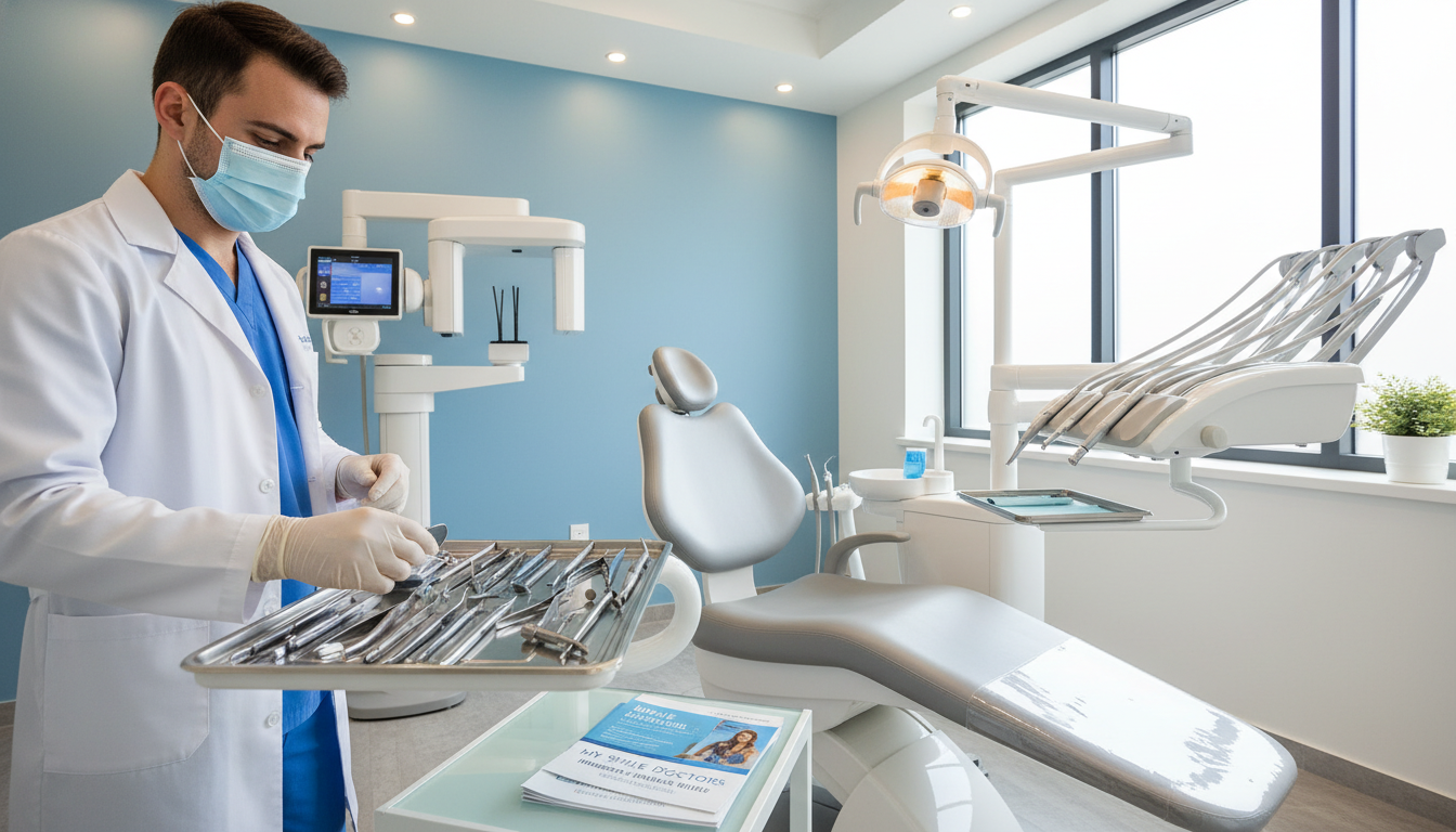 A modern dental clinic setting designed for emergency appointments, featuring a clean, bright atmosphere. In the foreground, a dental professional in a crisp white coat and mask is preparing tools on a sleek, stainless steel tray. In the middle ground, a comfortable dental chair awaits a patient, surrounded by soothing blue walls and gentle lighting that creates a calming effect. A small table holds informational brochures about immediate pain relief services from "my smile doctors". The background shows a high-tech dental machine and a window with natural light streaming in, enhancing the welcoming environment. The overall mood is professional yet reassuring, evoking a sense of readiness and care for patients in need of urgent dental assistance.
