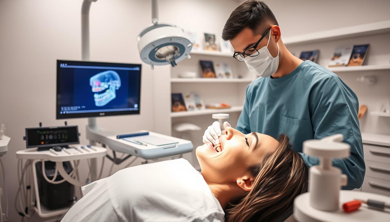 A modern dental clinic setting showcasing an advanced orthognathic surgery procedure. In the foreground, a skilled oral surgeon in professional attire, wearing a surgical mask and gloves, is performing surgery on a patient, who is comfortably reclined in a treatment chair. Their face reflects calm and trust. The middle ground features high-tech surgical instruments and a monitor displaying 3D imaging of the patient's jaw. Soft, bright lighting enhances the sterile environment, and clean white walls add a sense of professionalism and safety. In the background, shelves lined with dental care equipment and brochures about jaw surgery. The atmosphere conveys a sense of advanced medical care and comfort, focusing on patient safety and innovation in oral surgery. A modern dental clinic setting showcasing an advanced orthognathic surgery procedure. In the foreground, a skilled oral surgeon in professional attire, wearing a surgical mask and gloves, is performing surgery on a patient, who is comfortably reclined in a treatment chair. Their face reflects calm and trust. The middle ground features high-tech surgical instruments and a monitor displaying 3D imaging of the patient's jaw. Soft, bright lighting enhances the sterile environment, and clean white walls add a sense of professionalism and safety. In the background, shelves lined with dental care equipment and brochures about jaw surgery. The atmosphere conveys a sense of advanced medical care and comfort, focusing on patient safety and innovation in oral surgery.