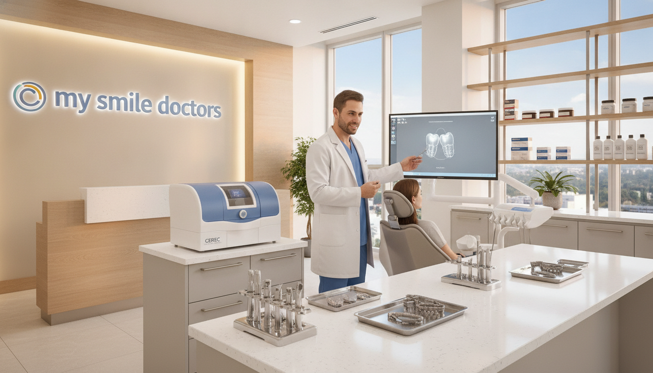 A modern dental clinic showcasing "my smile doctors" branding, featuring a state-of-the-art CEREC machine in a well-equipped operatory. In the foreground, a friendly dentist in professional attire, focused and attentive, is demonstrating the CEREC crown creation process to a patient. The dentist is standing next to a sleek dental chair and a digital screen displaying a 3D crown model. The middle ground depicts various dental tools neatly arranged on a clean counter. Soft, warm lighting fills the space, enhancing the welcoming atmosphere, with large windows revealing a bright, sunny day outside. The background shows well-organized shelves filled with dental supplies, all reflecting a clean and professional environment. A modern dental clinic showcasing "my smile doctors" branding, featuring a state-of-the-art CEREC machine in a well-equipped operatory. In the foreground, a friendly dentist in professional attire, focused and attentive, is demonstrating the CEREC crown creation process to a patient. The dentist is standing next to a sleek dental chair and a digital screen displaying a 3D crown model. The middle ground depicts various dental tools neatly arranged on a clean counter. Soft, warm lighting fills the space, enhancing the welcoming atmosphere, with large windows revealing a bright, sunny day outside. The background shows well-organized shelves filled with dental supplies, all reflecting a clean and professional environment.