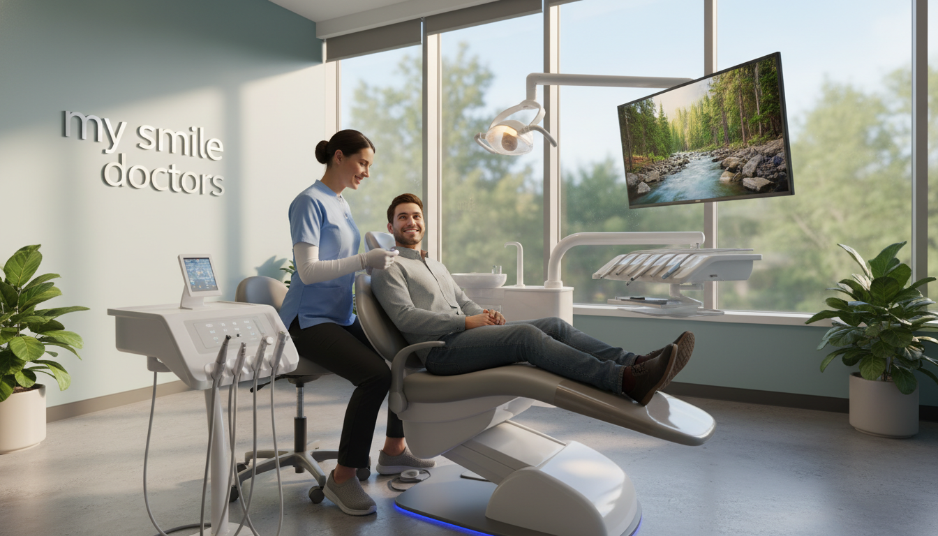 A modern dental office designed for patient comfort, showcasing advanced technology. In the foreground, a sleek dental chair with ergonomic design and soft cushioning, surrounded by a calming atmosphere. To the right, a high-tech monitor displaying soothing nature visuals, and on the left, a state-of-the-art dental tool tray. In the middle ground, a professional dentist in modest casual attire attentively engages with a patient, both smiling, creating a reassuring environment. The background features large windows with soft natural light filtering in, casting a warm glow throughout the space. The ambiance is tranquil and welcoming, emphasizing both efficiency and comfort. Branding subtly integrated with the logo "my smile doctors" on the wall.