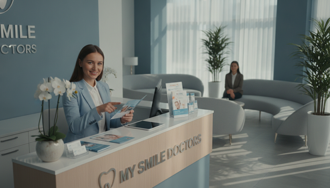 A modern dental office reception area, elegantly decorated with calming colors like soft blue and light gray. In the foreground, a friendly receptionist in professional attire is engaging with a patient, offering assistance, and showcasing a welcoming smile. In the middle ground, dental brochures and business cards are neatly arranged on a stylish wooden desk that reads “my smile doctors.” The background features a sleek waiting area with comfortable seating and potted plants, creating a relaxing environment. Soft, natural light filters through large windows, enhancing the warm, inviting atmosphere. The overall mood is professional yet friendly, conveying a sense of trust and care for patients seeking dental assistance. A modern dental office reception area, elegantly decorated with calming colors like soft blue and light gray. In the foreground, a friendly receptionist in professional attire is engaging with a patient, offering assistance, and showcasing a welcoming smile. In the middle ground, dental brochures and business cards are neatly arranged on a stylish wooden desk that reads “my smile doctors.” The background features a sleek waiting area with comfortable seating and potted plants, creating a relaxing environment. Soft, natural light filters through large windows, enhancing the warm, inviting atmosphere. The overall mood is professional yet friendly, conveying a sense of trust and care for patients seeking dental assistance.