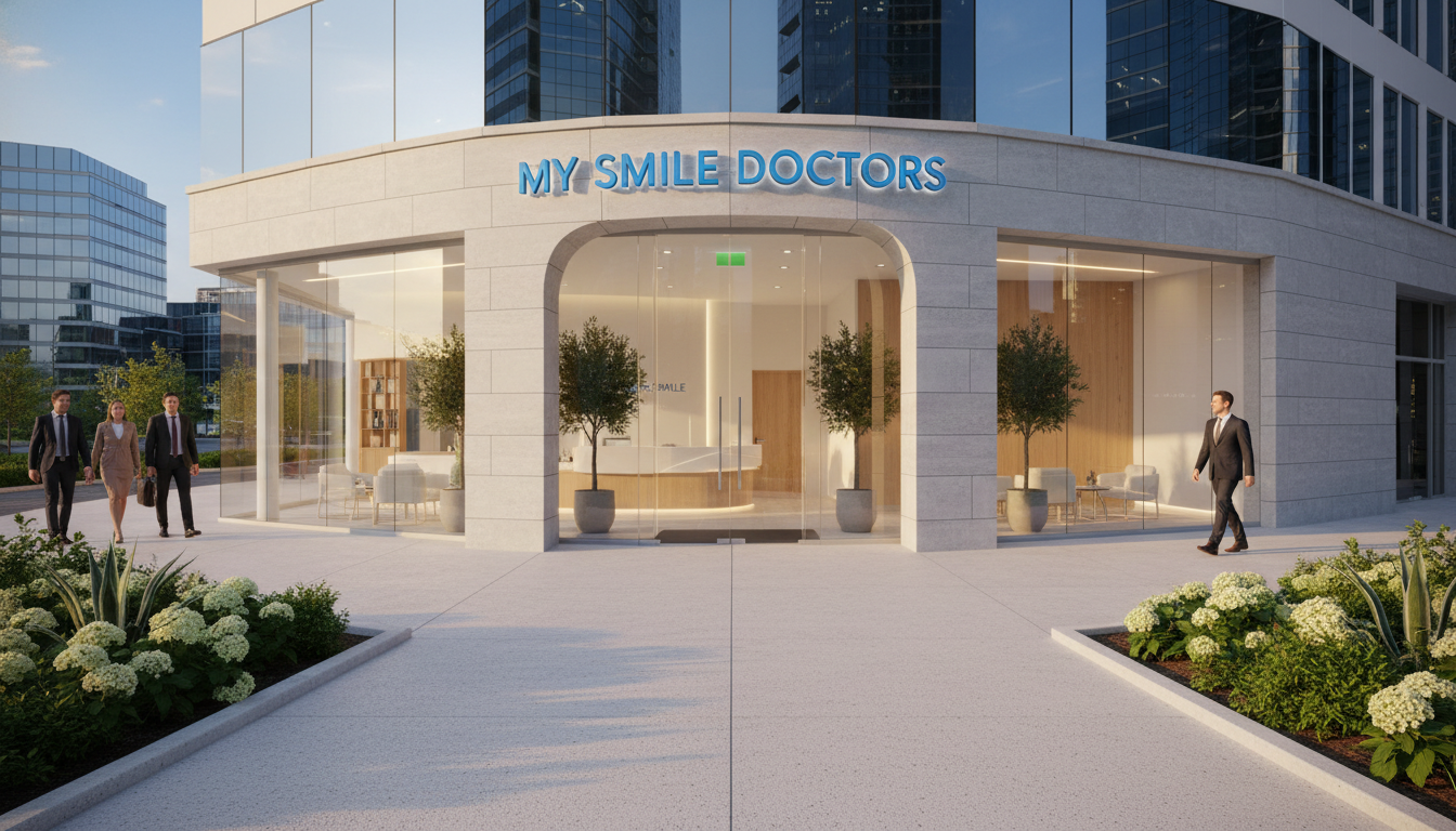A modern emergency clinic exterior named “my smile doctors,” prominently displayed above the entrance. In the foreground, a welcoming entrance with clear glass doors and large windows showcasing a clean, bright waiting area. In the middle ground, a well-maintained pathway leads to the entrance, flanked by greenery and small potted plants. The background features a cityscape with contemporary buildings under a clear blue sky. Soft, natural sunlight illuminates the scene, creating a warm and inviting atmosphere. A few people in professional business attire walk by, emphasizing accessibility and professionalism. The angle should be slightly tilted upwards, giving a sense of openness and approachability, perfect for a dental clinic.