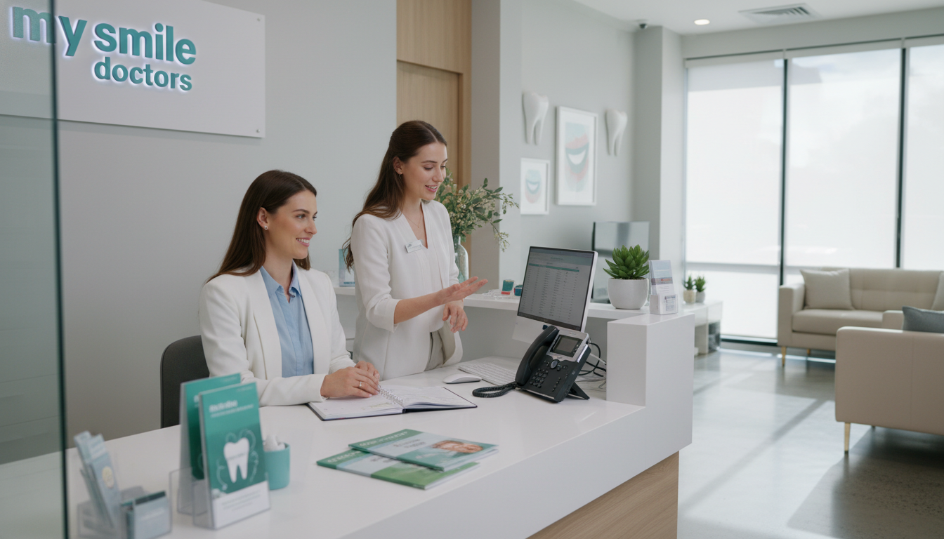 A modern, inviting dental office reception depicted in the foreground, where a friendly receptionist in professional attire is interacting with a patient. The receptionist is sitting at a sleek, minimalist desk adorned with a computer and dental brochures. In the middle ground, an open appointment calendar and a phone with the number "02 8036 2411" visible, symbolizing the booking process. The background showcases a clean and calming dental environment, complete with soft lighting and subtle dental decor, creating a soothing atmosphere. Natural light filters in through a large window, casting gentle shadows. The brand name "my smile doctors" is subtly integrated into the design elements of the office, enhancing the professional setting. The overall mood is warm and welcoming, conveying reliability and care in emergency dental services.