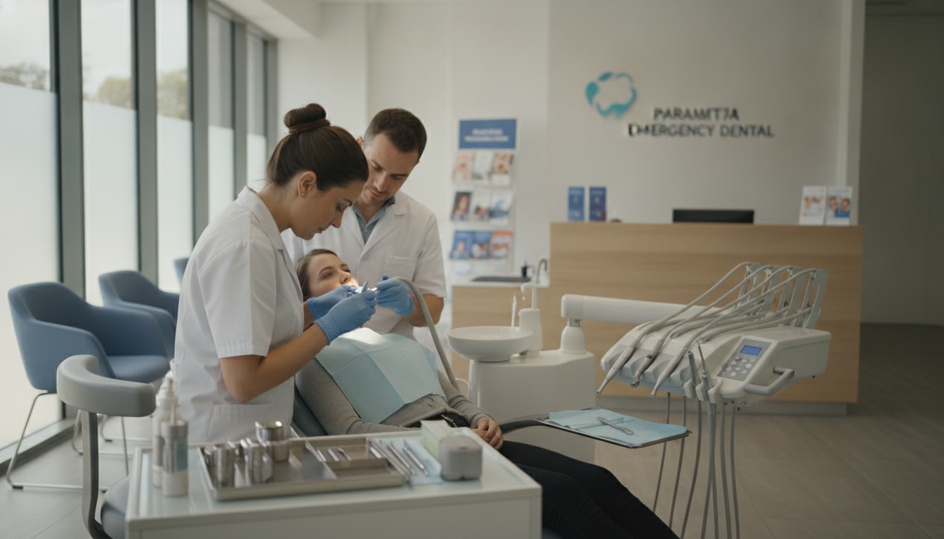 A modern, well-lit emergency dental clinic in Parramatta, showcasing a professional dental team in white coats assisting a patient in a dental chair. The foreground features a focused dentist examining the patient’s mouth with a dental mirror, while a dental assistant stands by, ready with instruments. The middle ground includes sleek dental equipment, such as a drill and sterilization tools, prominently displayed. The background shows a clean reception area with welcoming decor and a display of dental care brochures. Soft, natural lighting streams in through large windows, creating a calm, reassuring atmosphere. The overall mood conveys professionalism and urgency, emphasizing the importance of expert care in dental emergencies. A modern, well-lit emergency dental clinic in Parramatta, showcasing a professional dental team in white coats assisting a patient in a dental chair. The foreground features a focused dentist examining the patient’s mouth with a dental mirror, while a dental assistant stands by, ready with instruments. The middle ground includes sleek dental equipment, such as a drill and sterilization tools, prominently displayed. The background shows a clean reception area with welcoming decor and a display of dental care brochures. Soft, natural lighting streams in through large windows, creating a calm, reassuring atmosphere. The overall mood conveys professionalism and urgency, emphasizing the importance of expert care in dental emergencies.