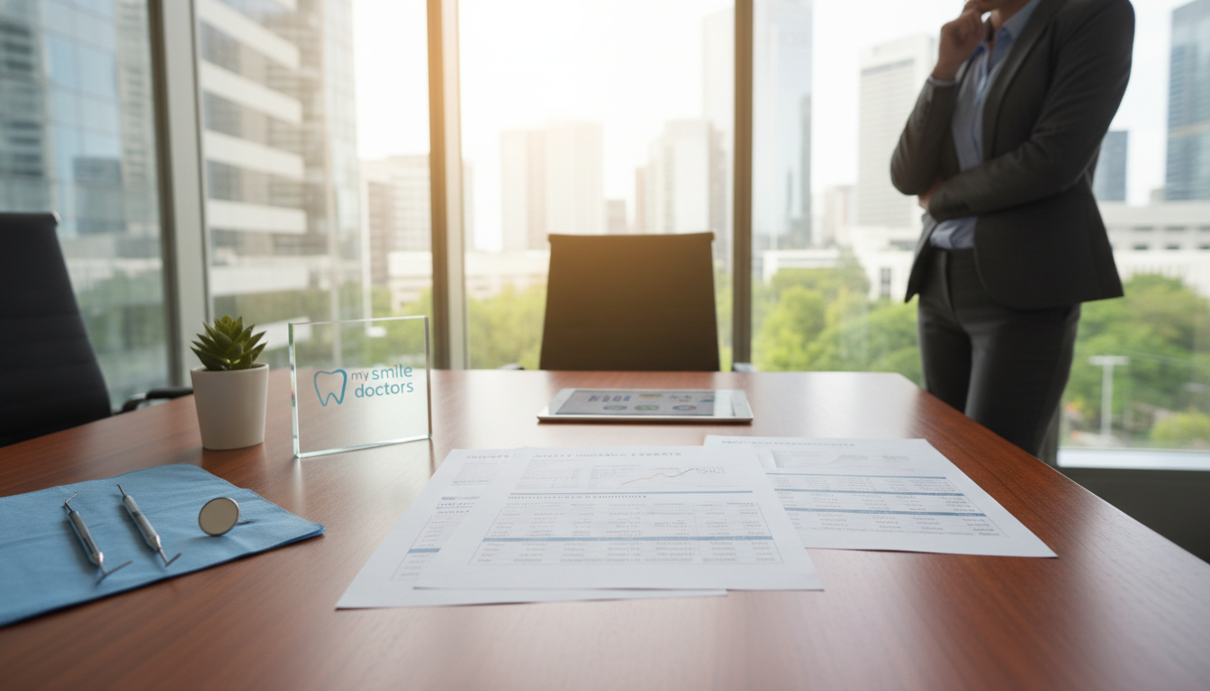 A professional and modern office setting featuring financial documents related to private health insurance rebates prominently displayed on a sleek wooden desk, illuminated by warm, natural lighting from a large window in the background. In the foreground, a set of dental tools and a small plant add a touch of life to the scene. The articles and spreadsheets are neatly organized, showcasing reimbursement percentages and benefits in clear, legible formats. A business professional in modest attire is standing nearby, examining the documents with a thoughtful expression. The atmosphere conveys a sense of trust and diligence, reflecting the importance of financial considerations in healthcare. Incorporate subtle branding elements for "my smile doctors," ensuring it integrates seamlessly into the professional aesthetic. The perspective captures the depth of the office space, inviting the viewer to connect with the scene.