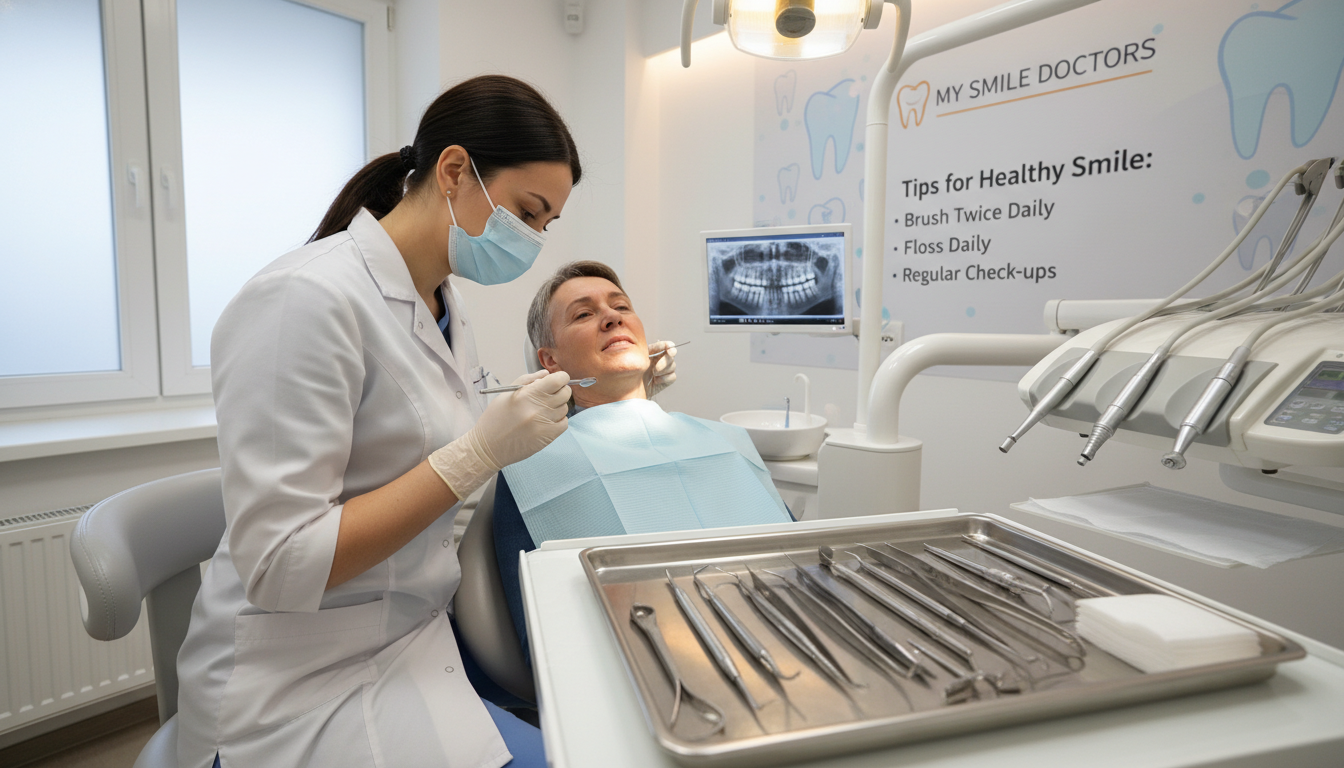 A professional dental clinic interior during an emergency dental treatment. In the foreground, a dentist in a white coat with a mask is attentively examining a patient in a dental chair. The patient, a middle-aged person, displays a look of concern balanced with relief. In the middle ground, clean dental tools and equipment are laid out on a stainless steel tray. Soft, diffused lighting creates a calming atmosphere, enhancing the white and blue color scheme of the clinic. In the background, a poster showing dental care tips is visible on a wall, promoting the brand "my smile doctors". The angle is slightly angled from above to capture both the interaction and the environment, emphasizing the specialized care being provided.