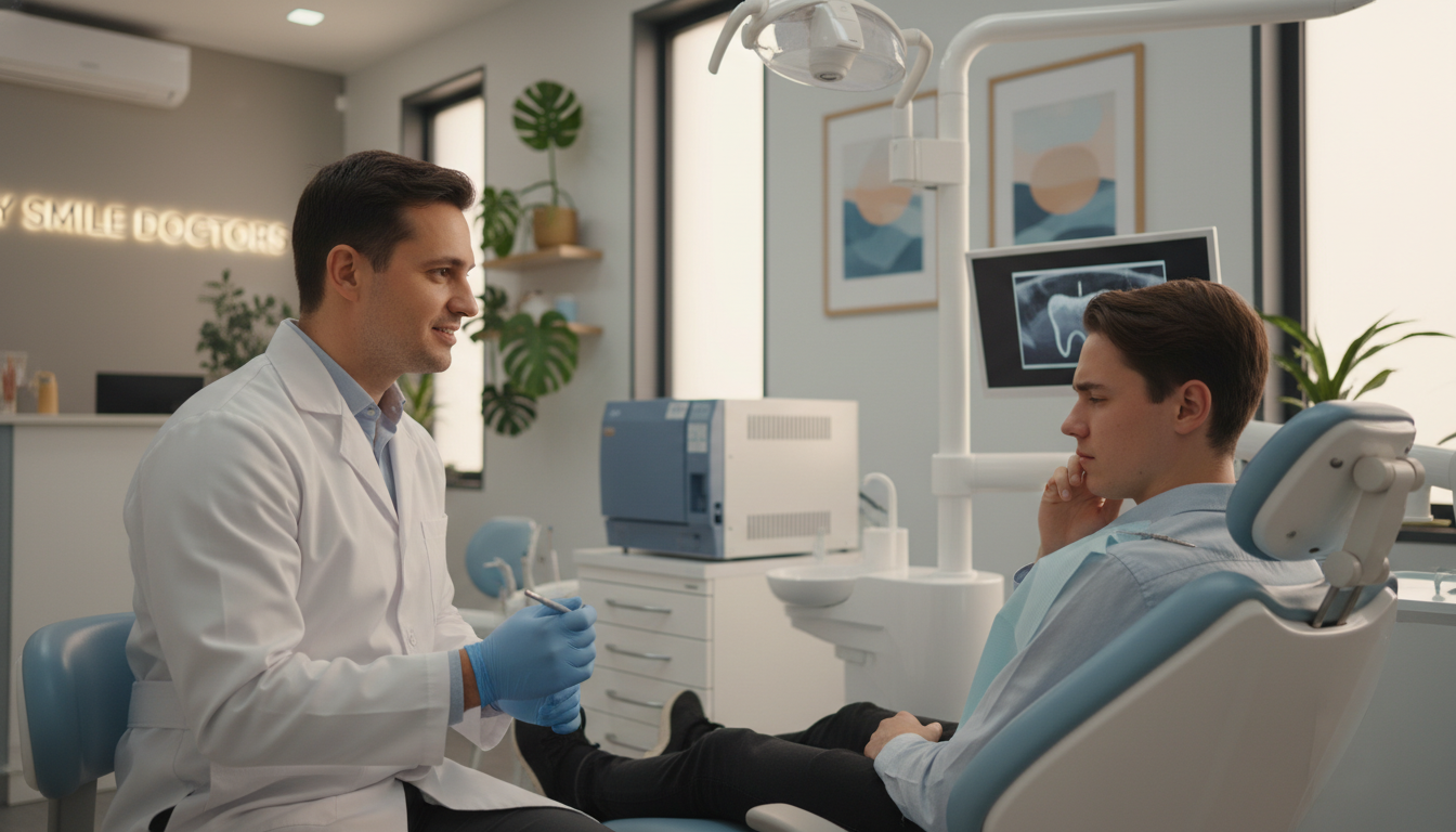 A professional dental clinic setting, showcasing an urgent scene of emergency dental care. In the foreground, a friendly dentist in a white coat and blue gloves is holding a dental tool, with a caring expression as they assist a patient experiencing discomfort, who is sitting in a modern dental chair. The middle ground features high-quality dental equipment, such as X-ray machines and sterilization tools, enhancing the clinical atmosphere. In the background, soft, warm lighting creates a comforting ambiance, with potted plants and calming wall art displayed. The overall mood is one of urgency yet professionalism, reflecting the care patients receive at "my smile doctors". The angle is slightly elevated, capturing both the dentist and the patient, emphasizing their interaction and the clinical environment.