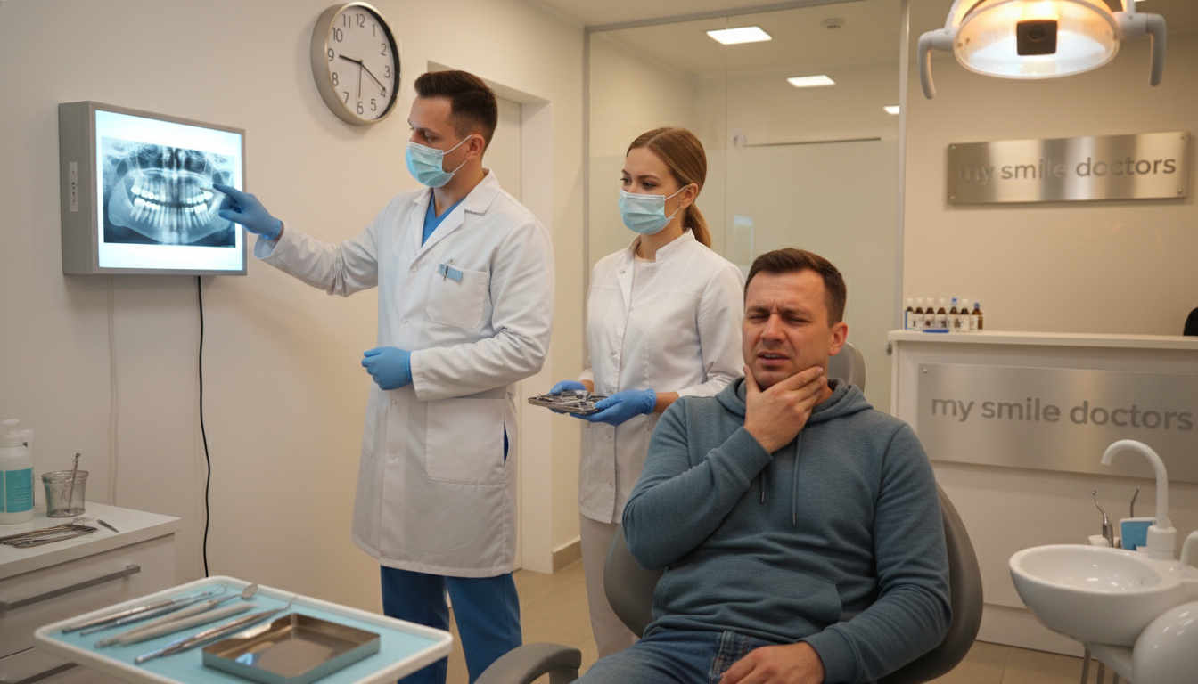 A professional dental clinic setting, showcasing various urgent dental conditions requiring attention. In the foreground, a concerned adult patient, dressed in modest casual clothing, sits in a dental chair, holding their jaw with a pained expression. In the middle, a dentist in a smart white coat and mask examines an X-ray on a lightbox, highlighting dental issues like cavities and fractures. The background features dental tools and a well-organized clinic environment, with soft, warm lighting to create a welcoming yet urgent atmosphere. The brand name "my smile doctors" is subtly incorporated in the clinic decor. The image captures a sense of urgency and professionalism, emphasizing the importance of immediate dental care.