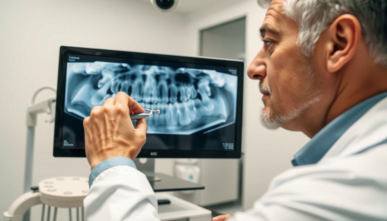 A professional dental office scene featuring a detailed dental radiograph of wisdom teeth displayed on a computer screen. In the foreground, a dentist in a white coat examines the radiograph closely, using a dental tool, while looking intently at the screen. The middle ground includes dental equipment and a patient chair, suggesting a clean, well-organized workspace. In the background, soft, diffused lighting creates a calm atmosphere, enhancing the professionalism of the space. The angle captures the dentist's focused expression, with subtle reflections in the computer screen, emphasizing the importance of a professional dental assessment. The mood is serious and informative, suitable for a clinical setting. A professional dental office scene featuring a detailed dental radiograph of wisdom teeth displayed on a computer screen. In the foreground, a dentist in a white coat examines the radiograph closely, using a dental tool, while looking intently at the screen. The middle ground includes dental equipment and a patient chair, suggesting a clean, well-organized workspace. In the background, soft, diffused lighting creates a calm atmosphere, enhancing the professionalism of the space. The angle captures the dentist's focused expression, with subtle reflections in the computer screen, emphasizing the importance of a professional dental assessment. The mood is serious and informative, suitable for a clinical setting.