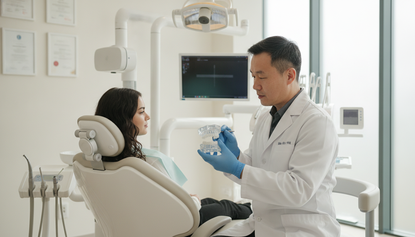 A professional dental surgery specialist in a modern clinic, performing an oral maxillofacial consultation with a patient. In the foreground, the specialist, a middle-aged Asian man in a white lab coat and gloves, is attentively examining a 3D dental model, showcasing detailed jaw structures and teeth. The middle ground features a comfortable dental chair and high-tech medical equipment, ensuring a clean and organized environment. The background includes bright, soft lighting, large windows letting in natural light, and framed certificates on the wall. The atmosphere conveys trust and professionalism, highlighting comprehensive care and expertise in dental surgery, with a focus on patient comfort and well-being. A professional dental surgery specialist in a modern clinic, performing an oral maxillofacial consultation with a patient. In the foreground, the specialist, a middle-aged Asian man in a white lab coat and gloves, is attentively examining a 3D dental model, showcasing detailed jaw structures and teeth. The middle ground features a comfortable dental chair and high-tech medical equipment, ensuring a clean and organized environment. The background includes bright, soft lighting, large windows letting in natural light, and framed certificates on the wall. The atmosphere conveys trust and professionalism, highlighting comprehensive care and expertise in dental surgery, with a focus on patient comfort and well-being.