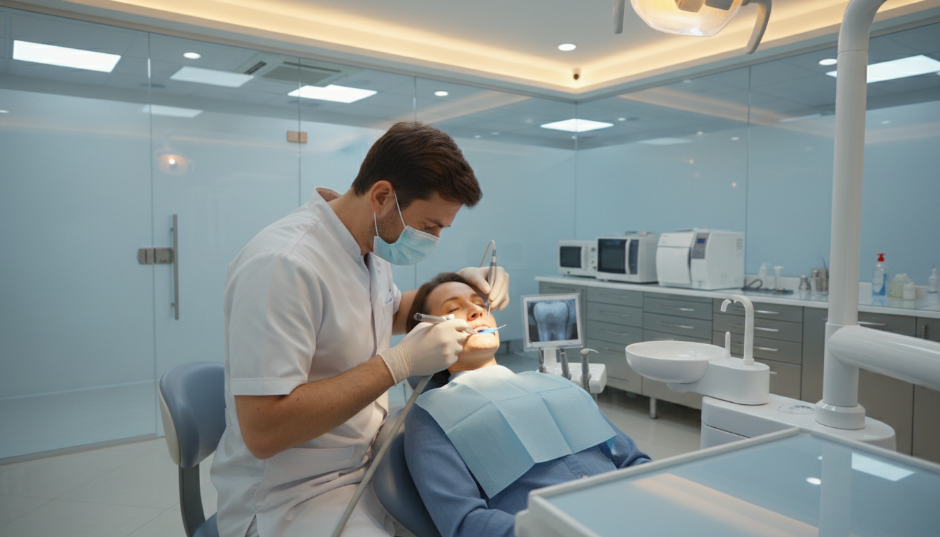 A professional dentist performing root canal therapy on a patient in a modern dental clinic. The foreground features the dentist, dressed in a white coat and mask, focusing intently on the procedure with precision tools in hand. The middle ground shows a patient reclining comfortably in a dental chair, looking relaxed and assured, highlighting an anxiety-free atmosphere. In the background, the clinic’s clean, bright environment is visible, with dental equipment neatly arranged and soft, warm lighting. The angle is slightly overhead to capture the interaction and detail of the procedure, creating a sense of trust and professionalism. The overall mood is calming and reassuring, emphasizing patient comfort and advanced dental care. A professional dentist performing root canal therapy on a patient in a modern dental clinic. The foreground features the dentist, dressed in a white coat and mask, focusing intently on the procedure with precision tools in hand. The middle ground shows a patient reclining comfortably in a dental chair, looking relaxed and assured, highlighting an anxiety-free atmosphere. In the background, the clinic’s clean, bright environment is visible, with dental equipment neatly arranged and soft, warm lighting. The angle is slightly overhead to capture the interaction and detail of the procedure, creating a sense of trust and professionalism. The overall mood is calming and reassuring, emphasizing patient comfort and advanced dental care.